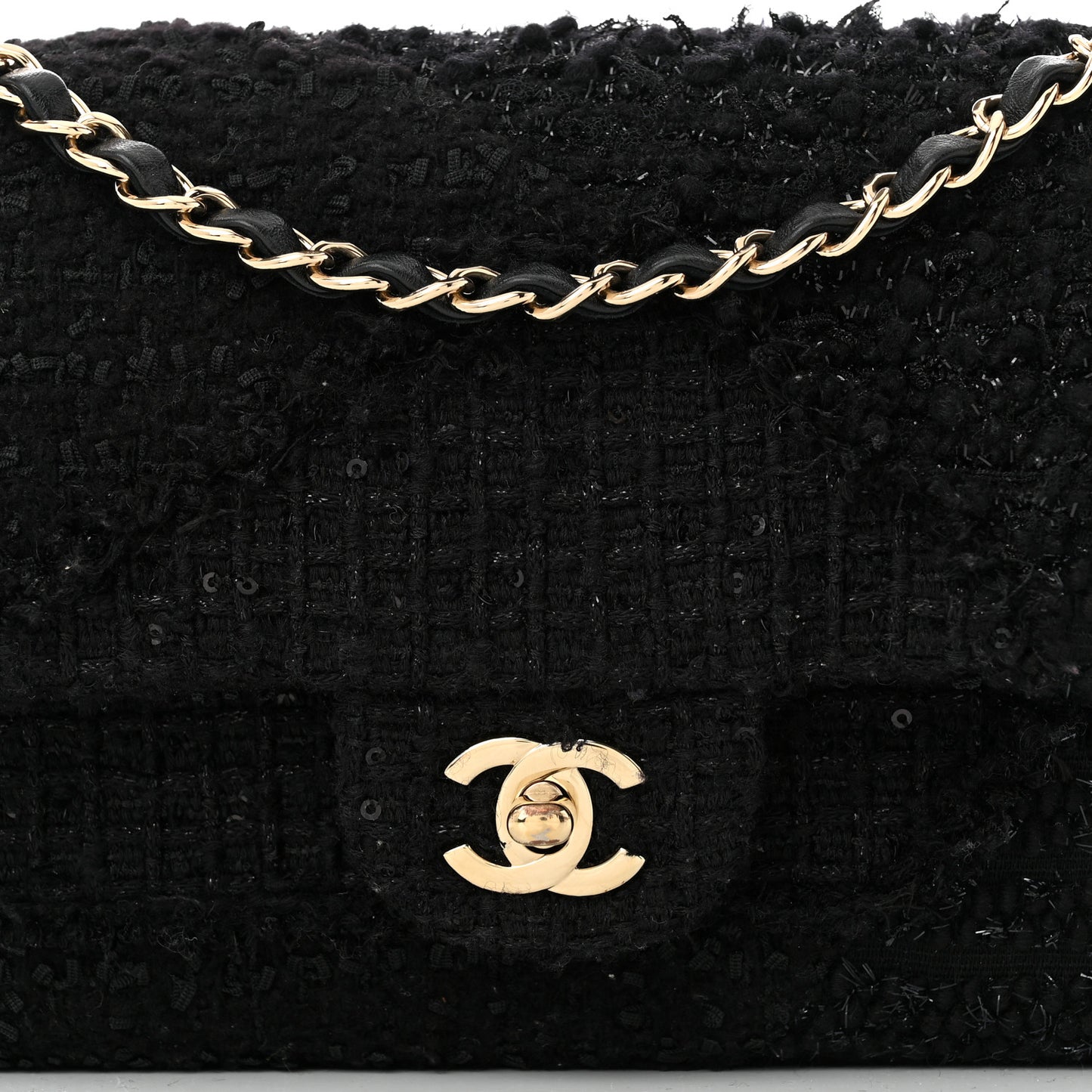 Tweed Sequin Patchwork Medium Double Flap Black