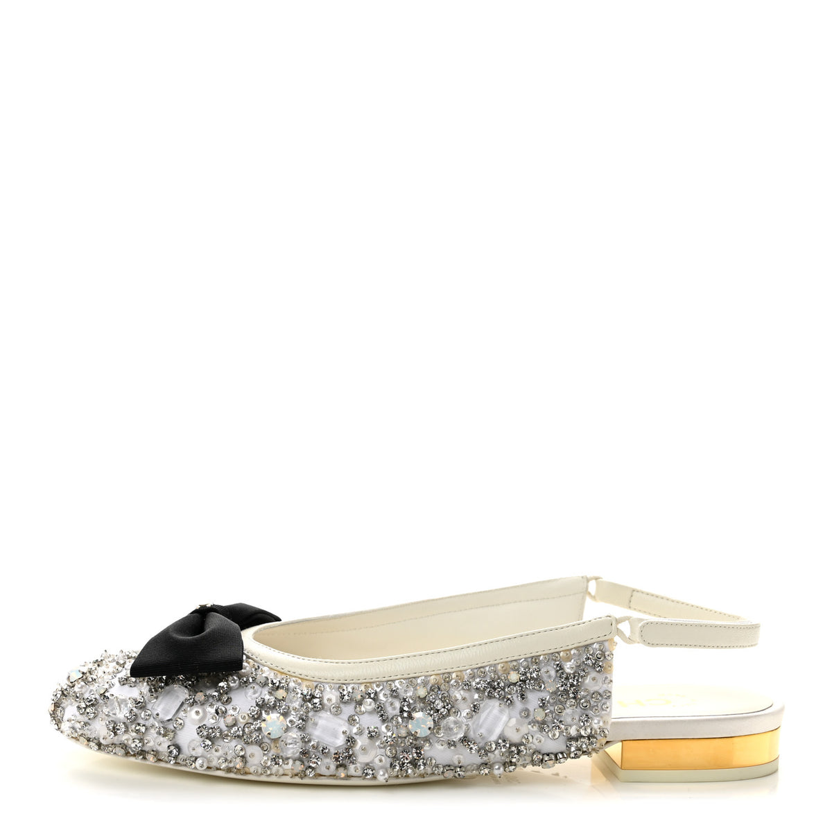 Chanel Satin Crystal Lambskin Grossgrain Bow CC Slingback Flats 38 White Black 1 of 9