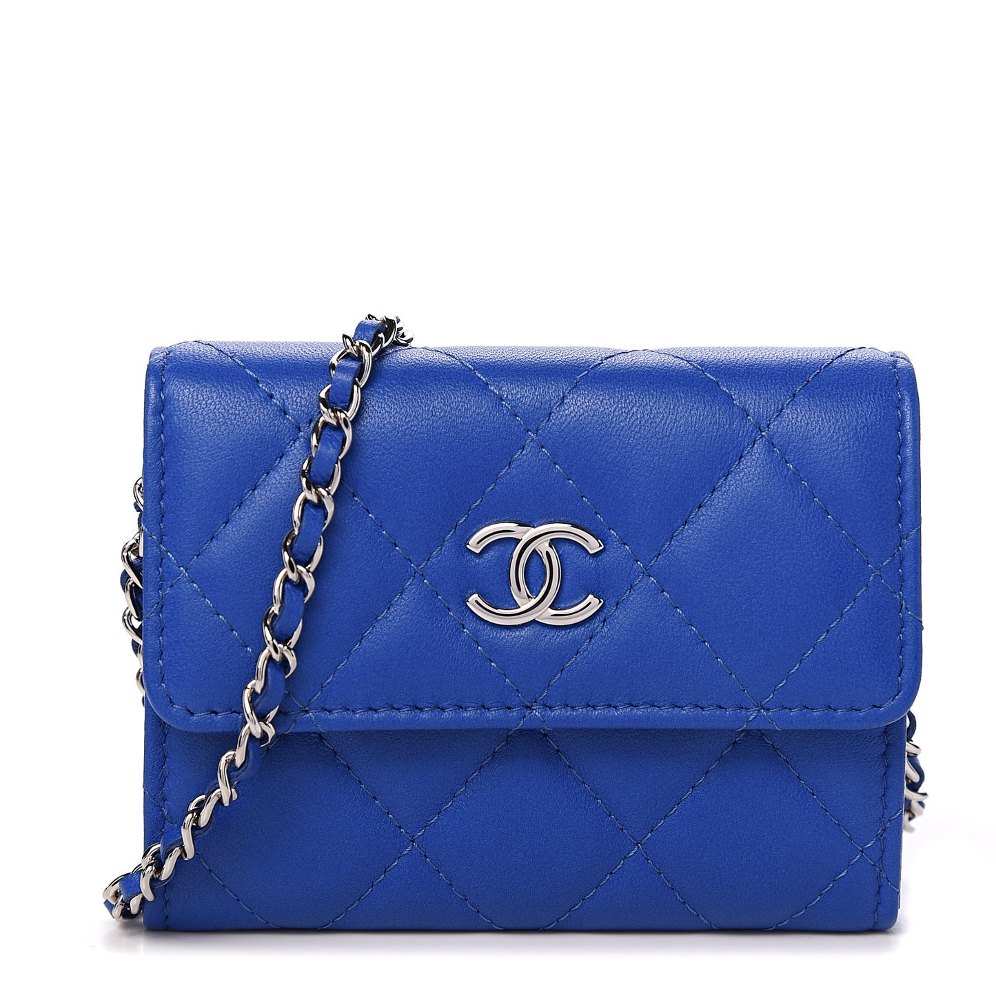 Lambskin Quilted Flap Card Holder On Chain Blue