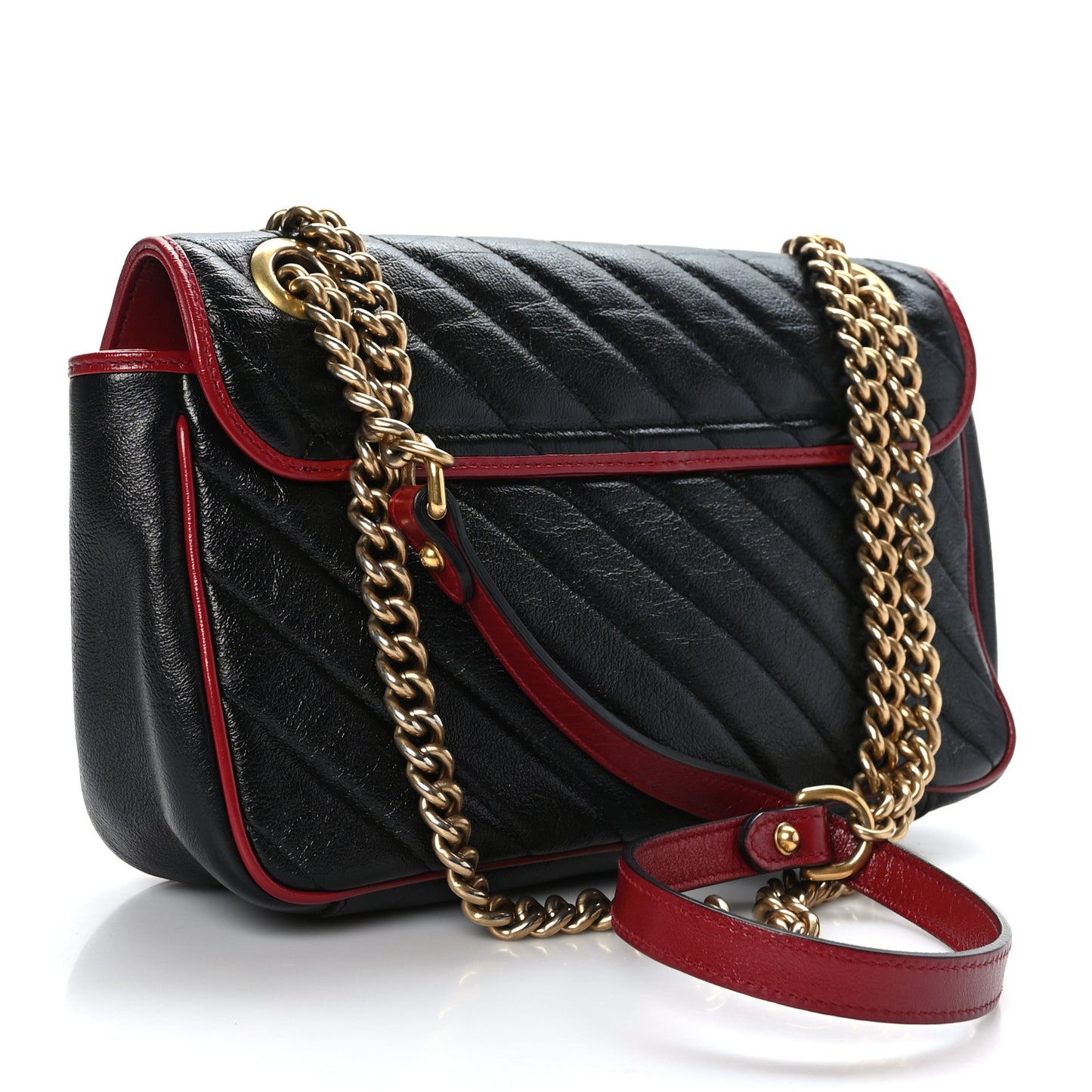 Vintage Effect Calfskin Matelasse Diagonal Small Torchon GG Marmont Shoulder Bag Black Romantic Cherry
