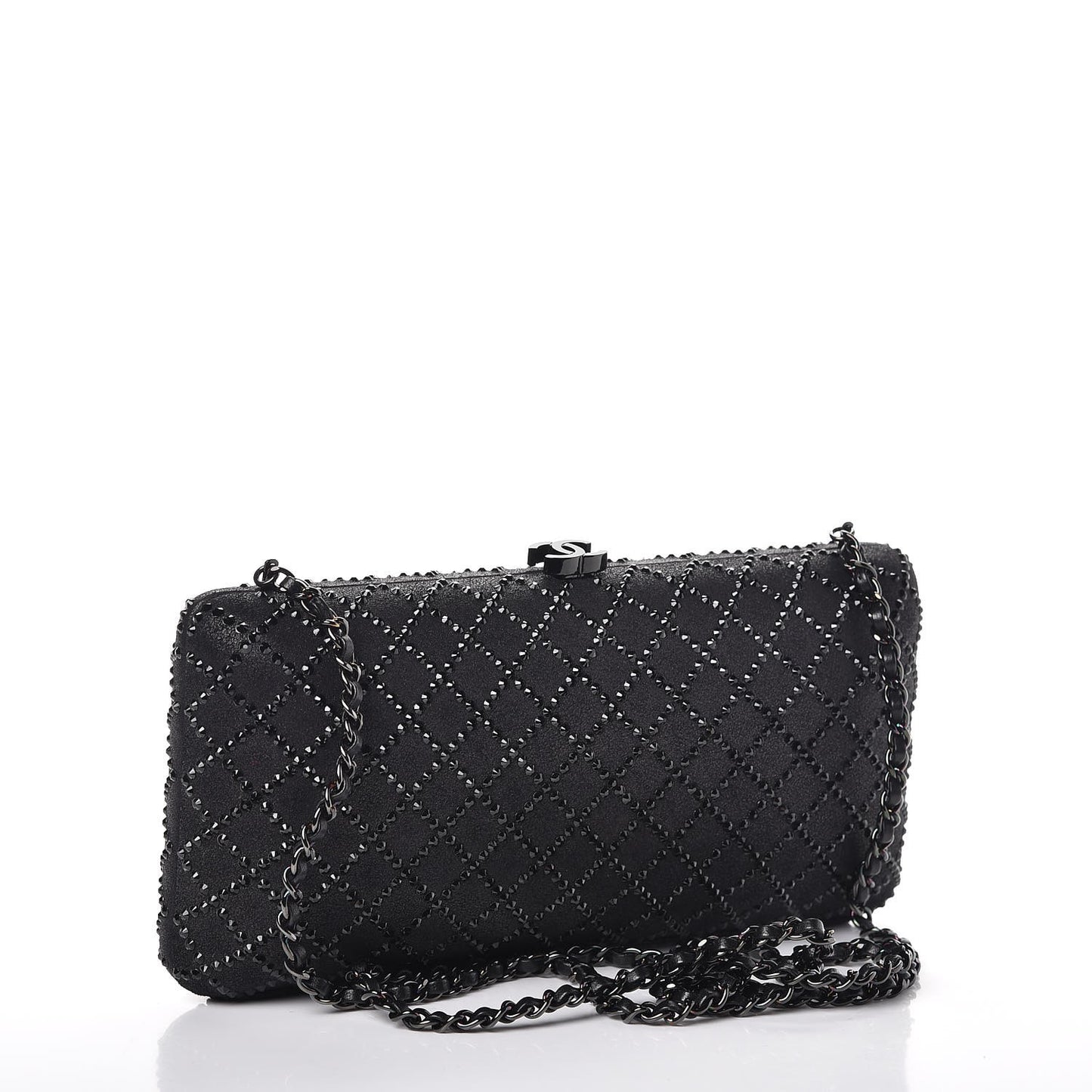 Iridescent Lambskin Crystal Quilted Clutch Black