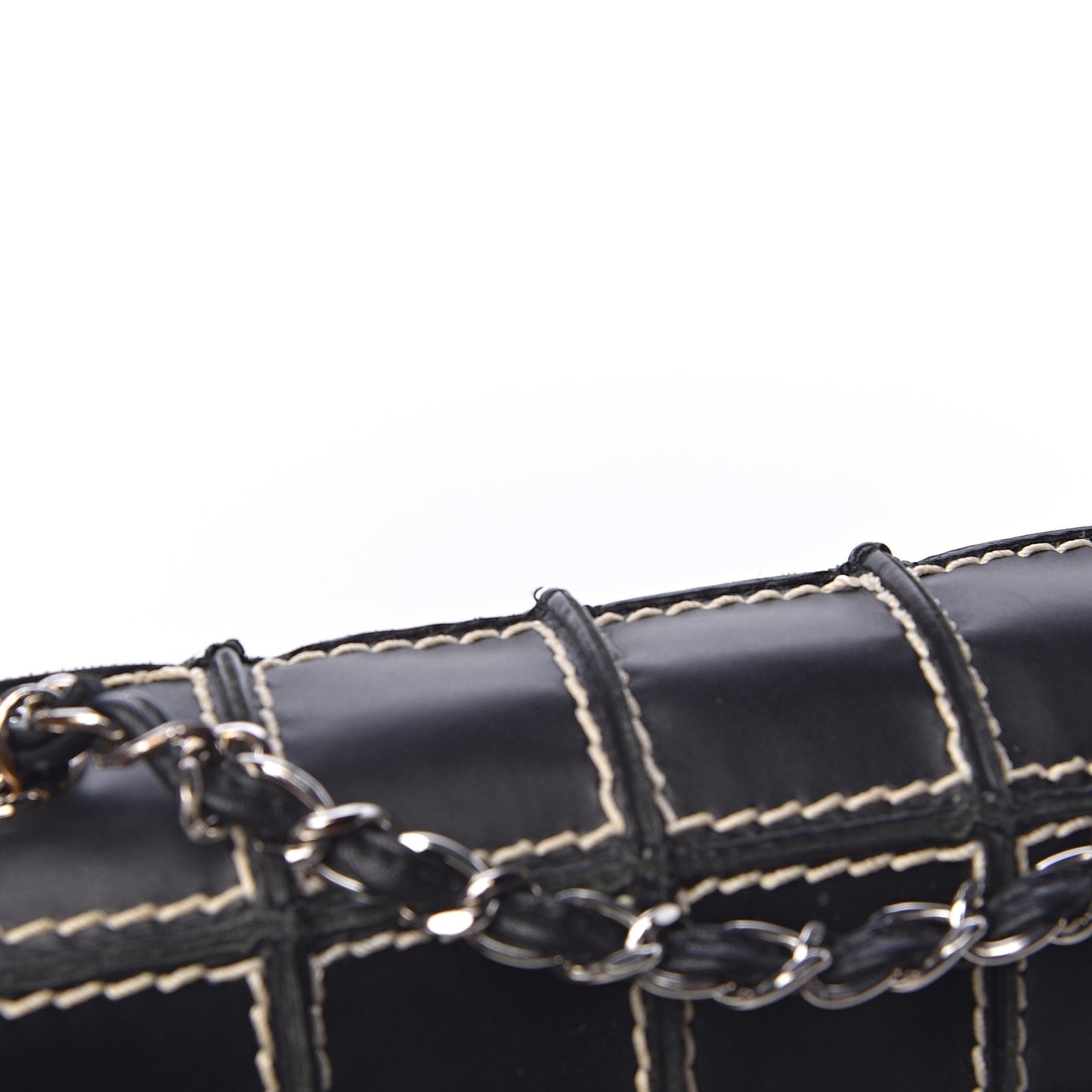 Lambskin Contrast Square Stitch Flap Black