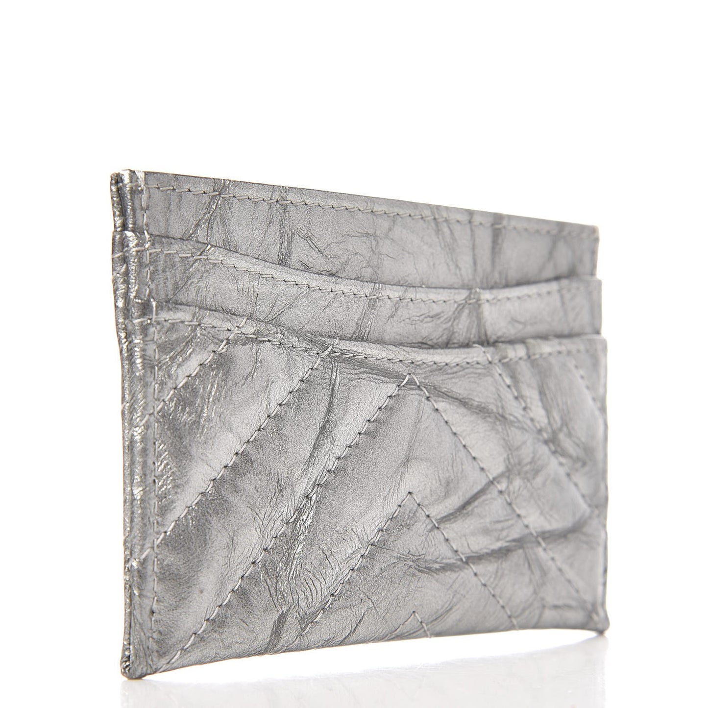 Patent Metallic Crumpled Calfskin Chevron Quilted Card Holder Silver