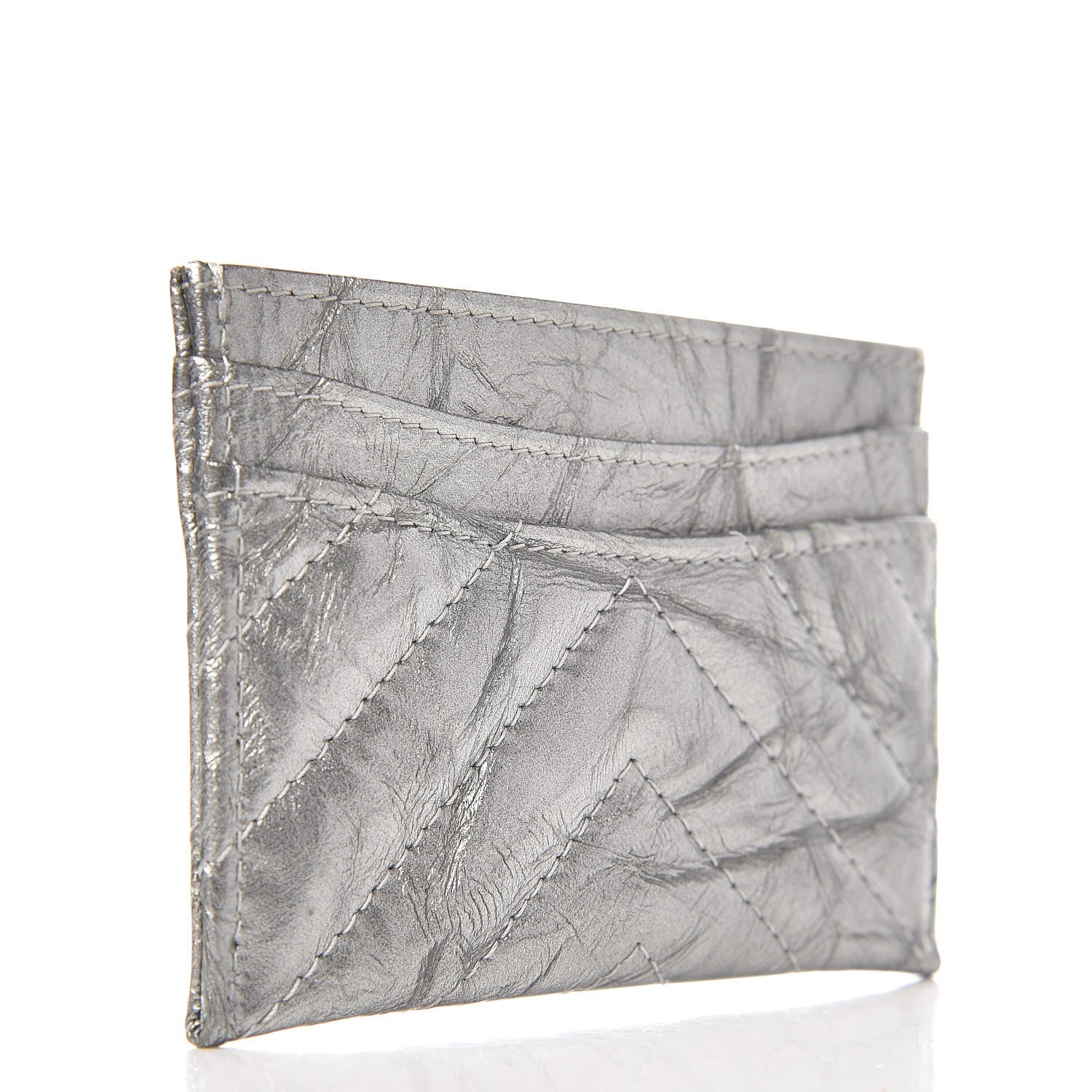 Chanel Patent Metallic Crumpled Calfskin Chevron Quilted Card Holder Silver 3 of 8