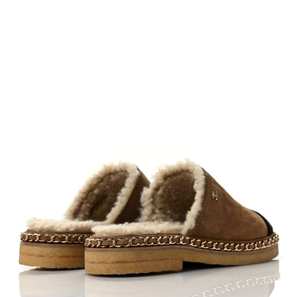 Chanel Kid Suede Shearling CC Chain Mules 36.5 Light Brown Black 4 of 7