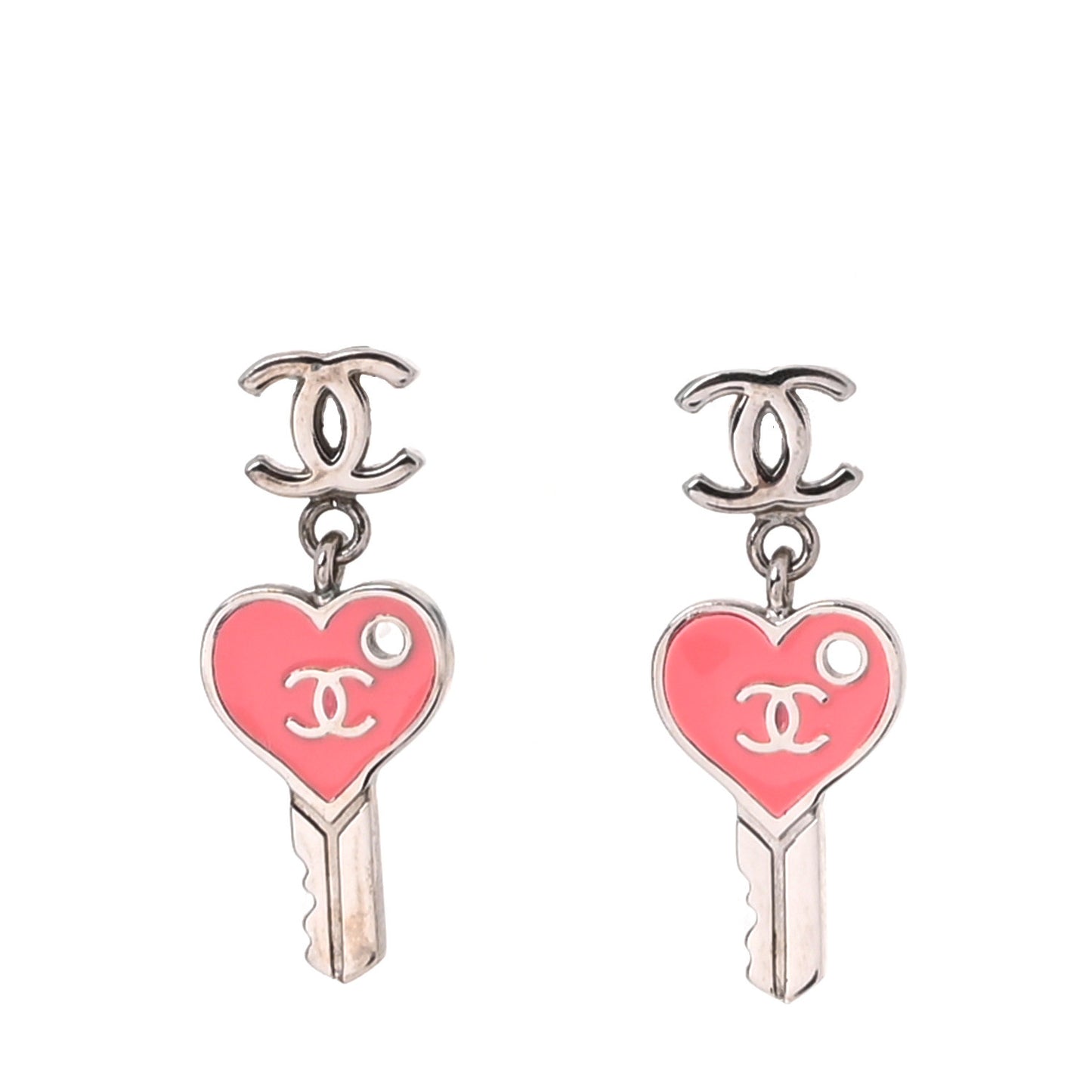 Enamel Heart Key CC Drop Earrings Silver Rose Salmon