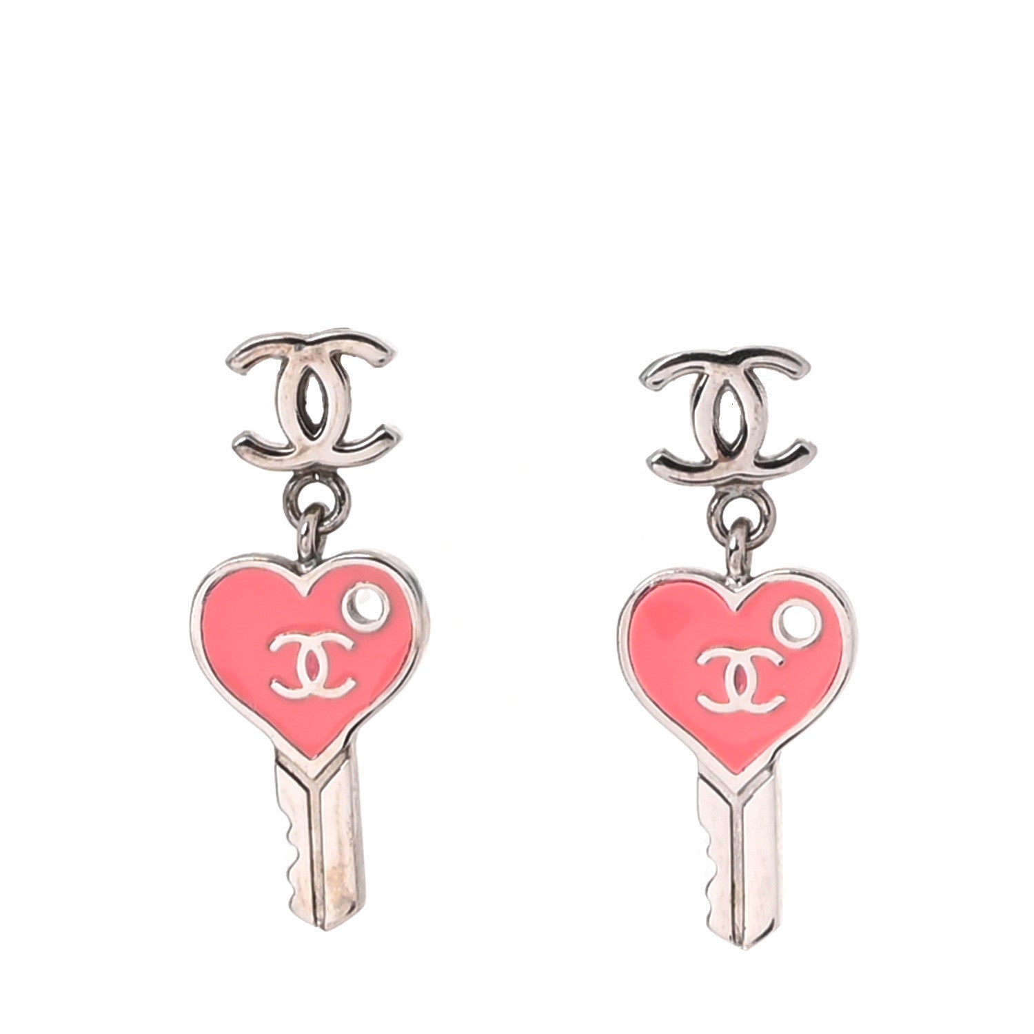 Chanel Enamel Heart Key CC Drop Earrings Silver Rose Salmon 1 of 4