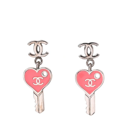 Chanel Enamel Heart Key CC Drop Earrings Silver Rose Salmon 1 of 4