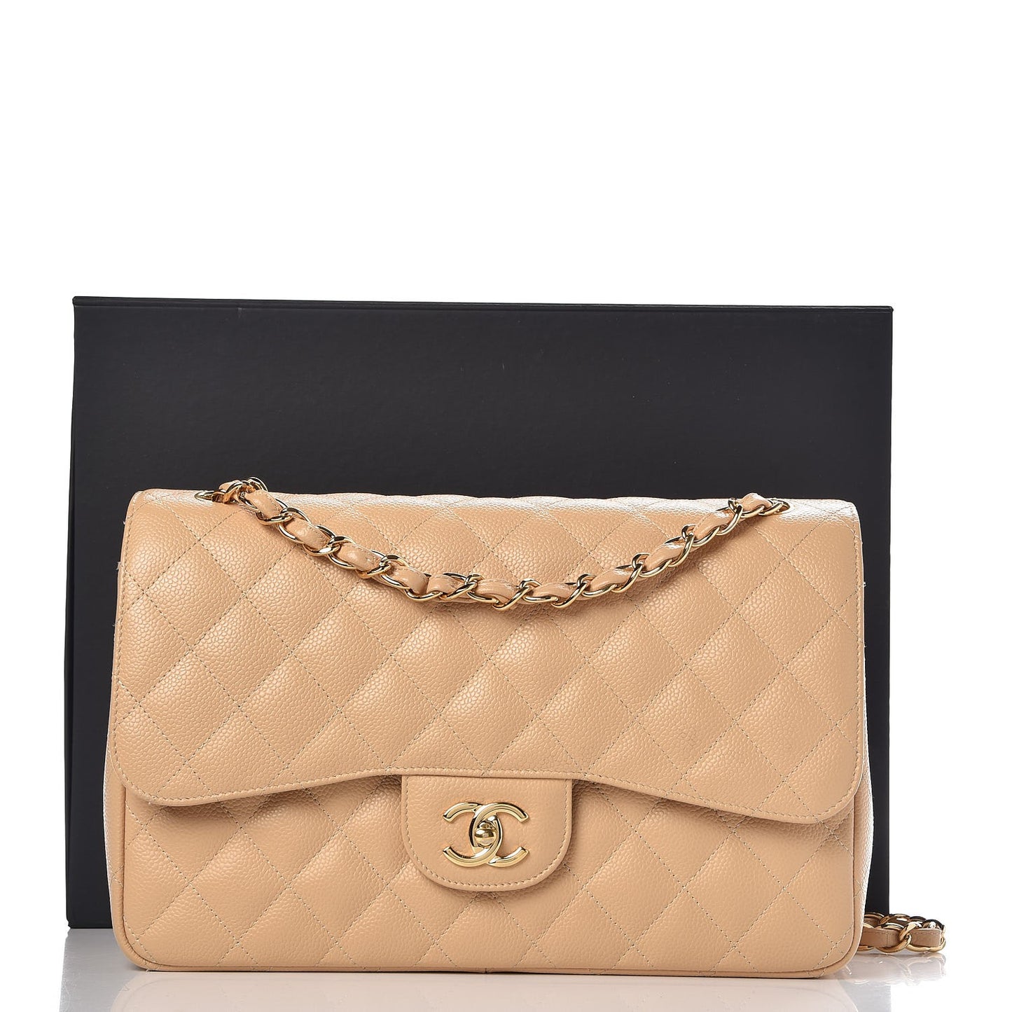Caviar Quilted Jumbo Double Flap Beige Clair