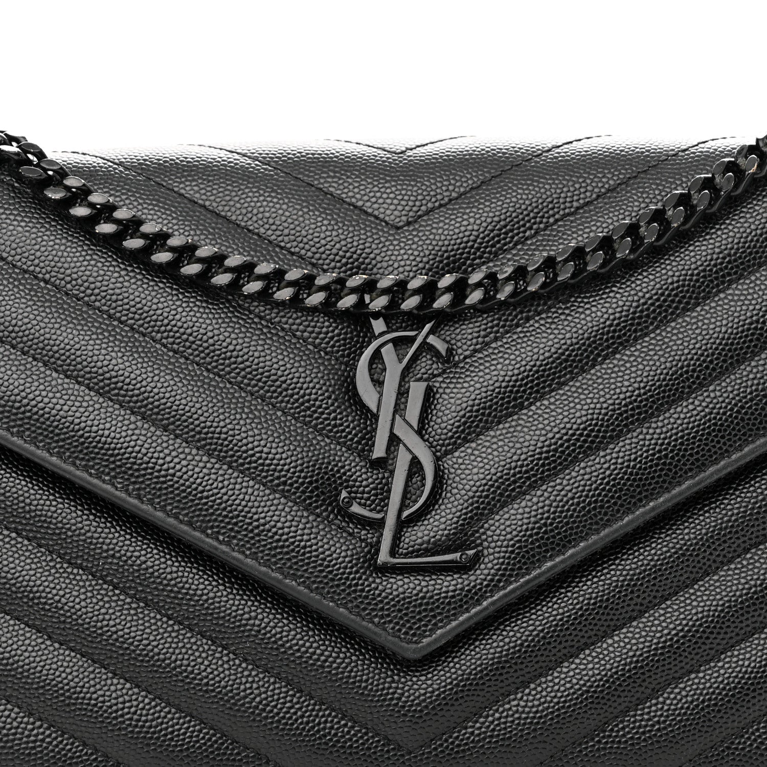 Saint Laurent Grain De Poudre Matelasse Chevron Monogram Monochrome Chain Wallet Black 7 of 10