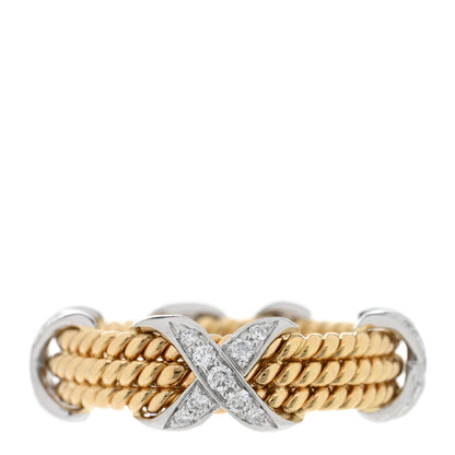 Tiffany 18K Yellow Gold Platinum Diamond Schlumberger Rope Three Row X Ring 52 6 1 of 4