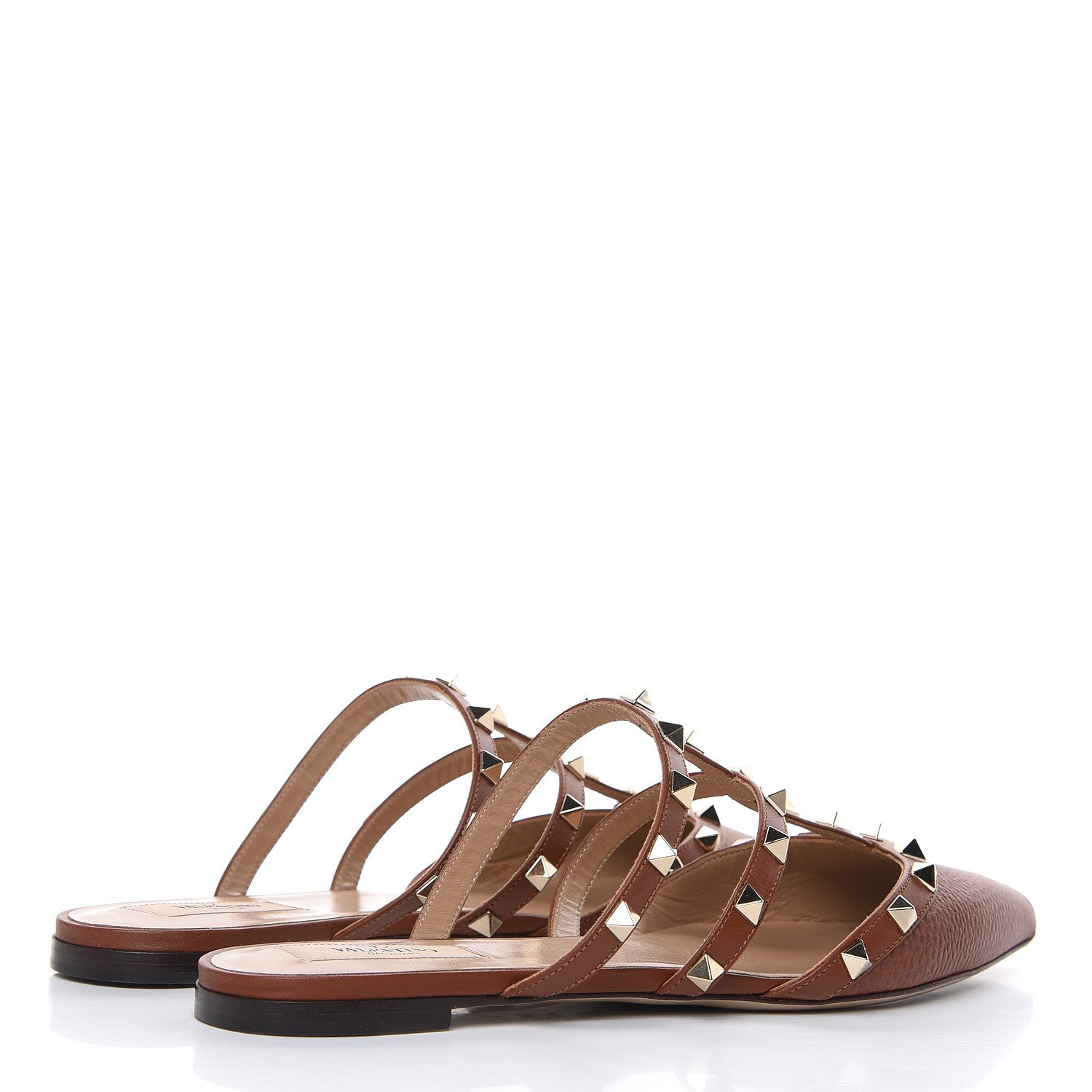 Valentino Garavani Pebbled Calfskin Rockstud Flat Cage Mules 38.5 Saddle Brown 4 of 9