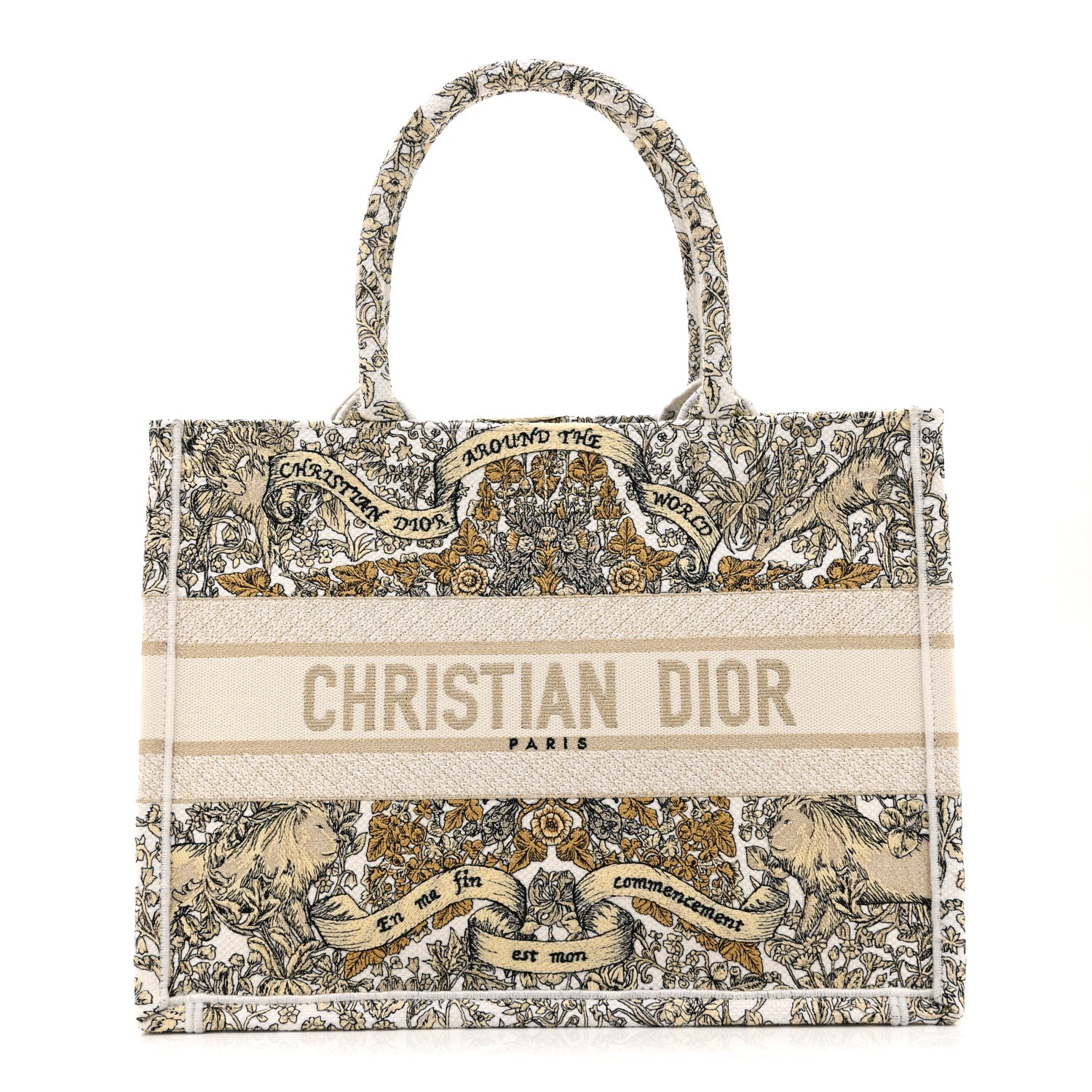 Christian Dior Canvas Embroidered Medium Around The World Book Tote Gold 1 of 10