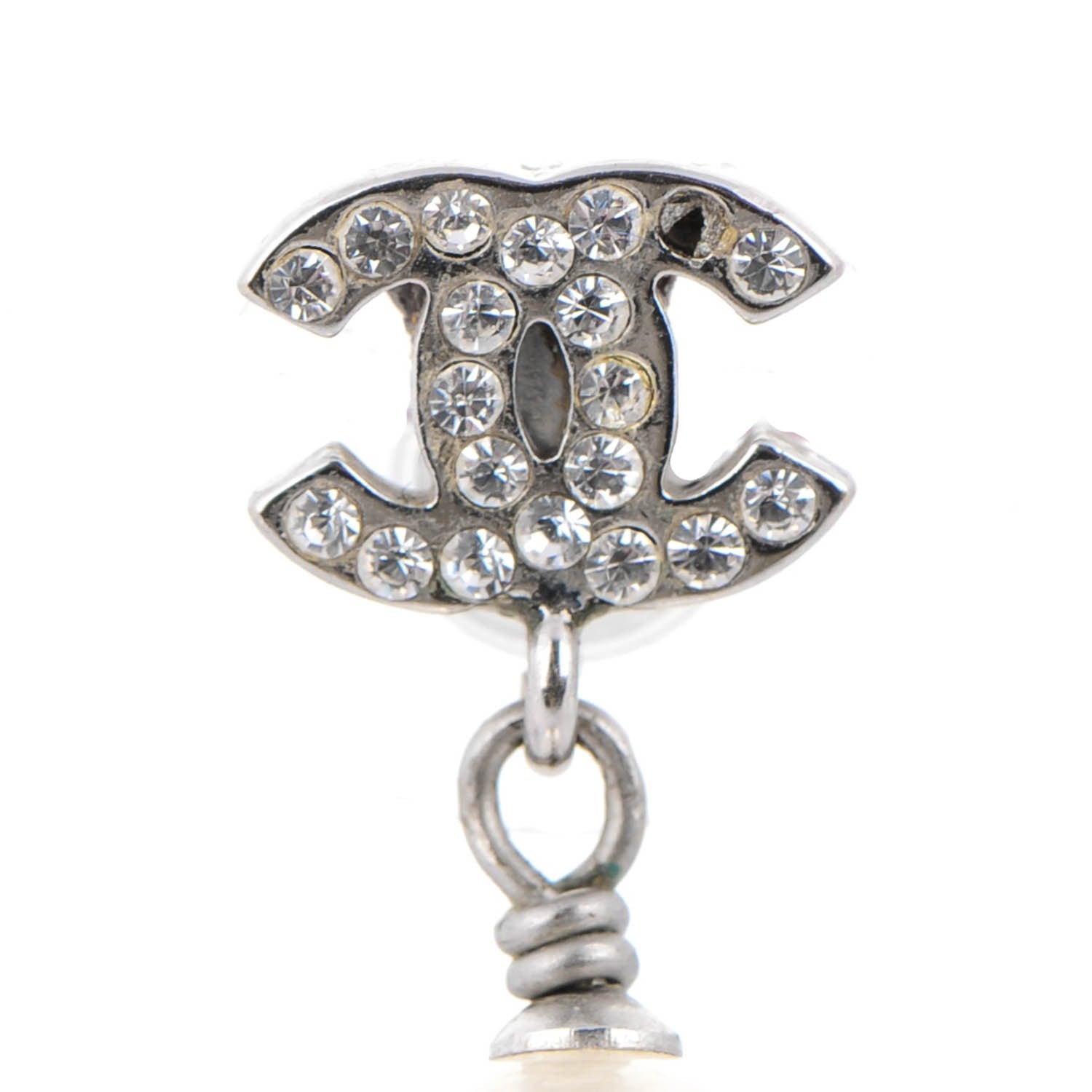 Chanel Crystal Pearl CC Drop Earrings Silver 3 of 6