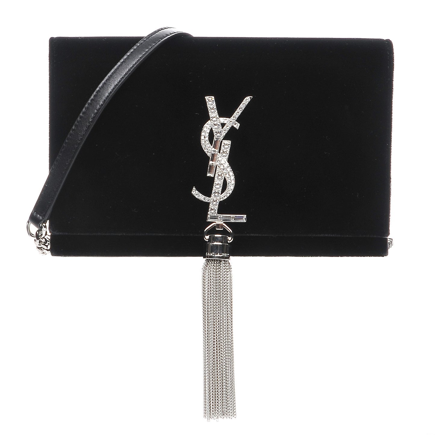 Velvet Crystal Monogram Tassel Chain Wallet Black