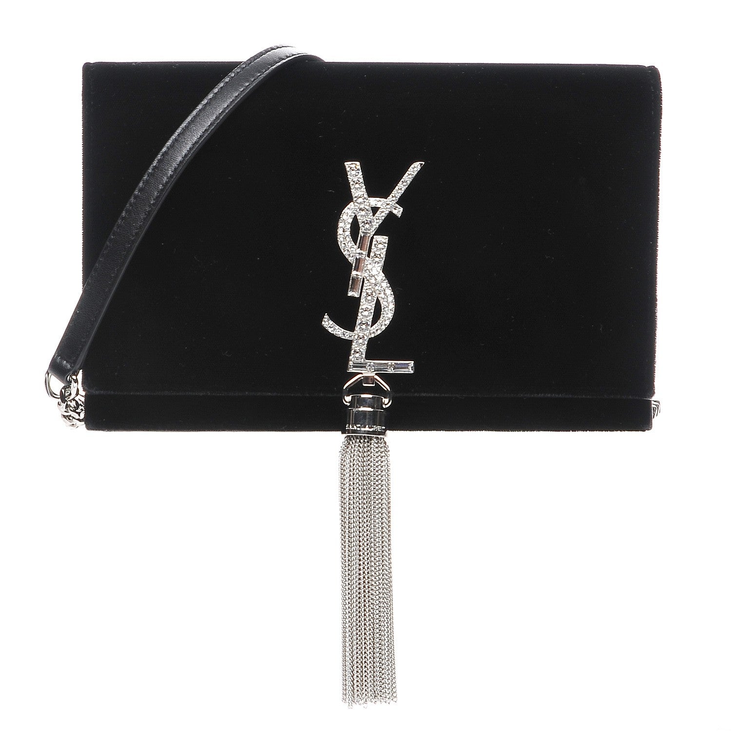 Saint Laurent Velvet Crystal Monogram Tassel Chain Wallet Black 1 of 7