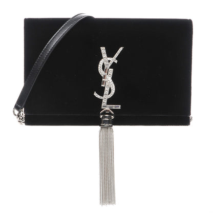 Saint Laurent Velvet Crystal Monogram Tassel Chain Wallet Black 1 of 7