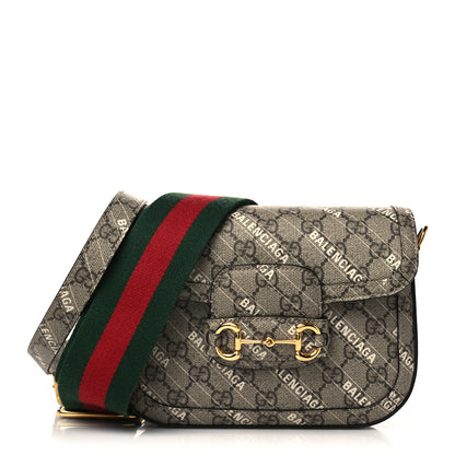 Gucci X BALENCIAGA GG Supreme Monogram Web Logo Print Mini Horsebit 1955 Shoulder Bag Beige Ebony 1 of 6