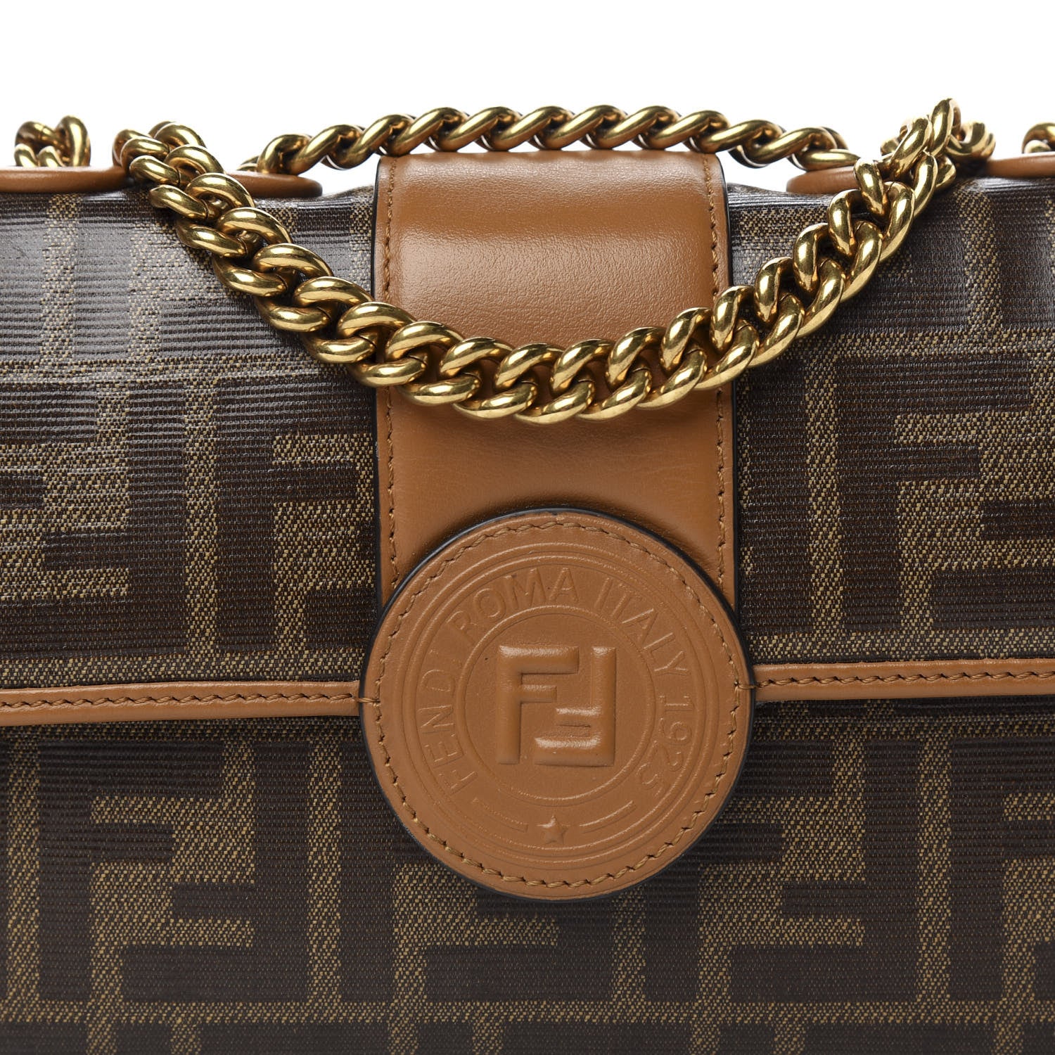 Fendi Glazed Fabric Vitello Century FF 1974 Stamp Patch Mini Double F Crossbody Bag Mogano Panna Caramello 10 of 10
