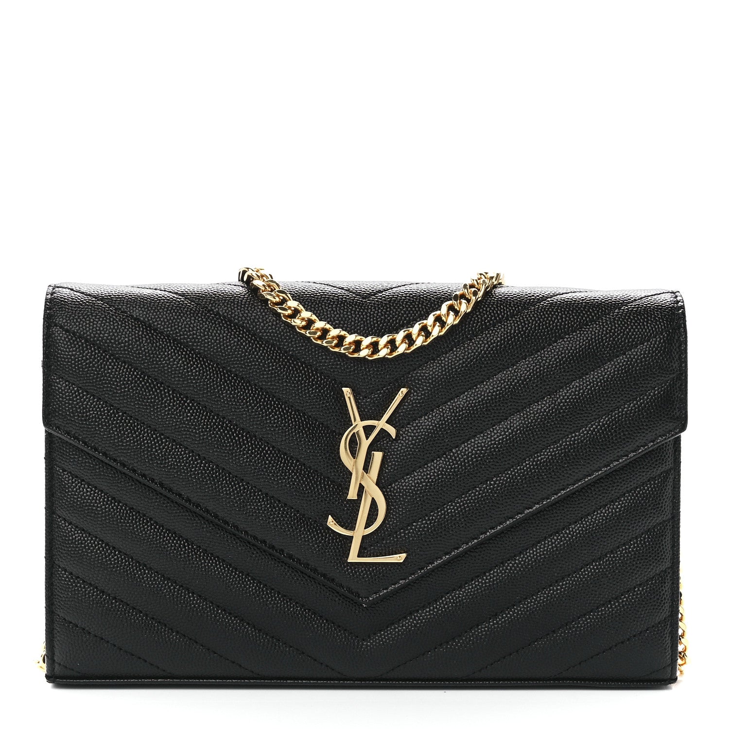 Saint Laurent Grain De Poudre Matelasse Chevron Monogram Chain Wallet Black 1 of 10