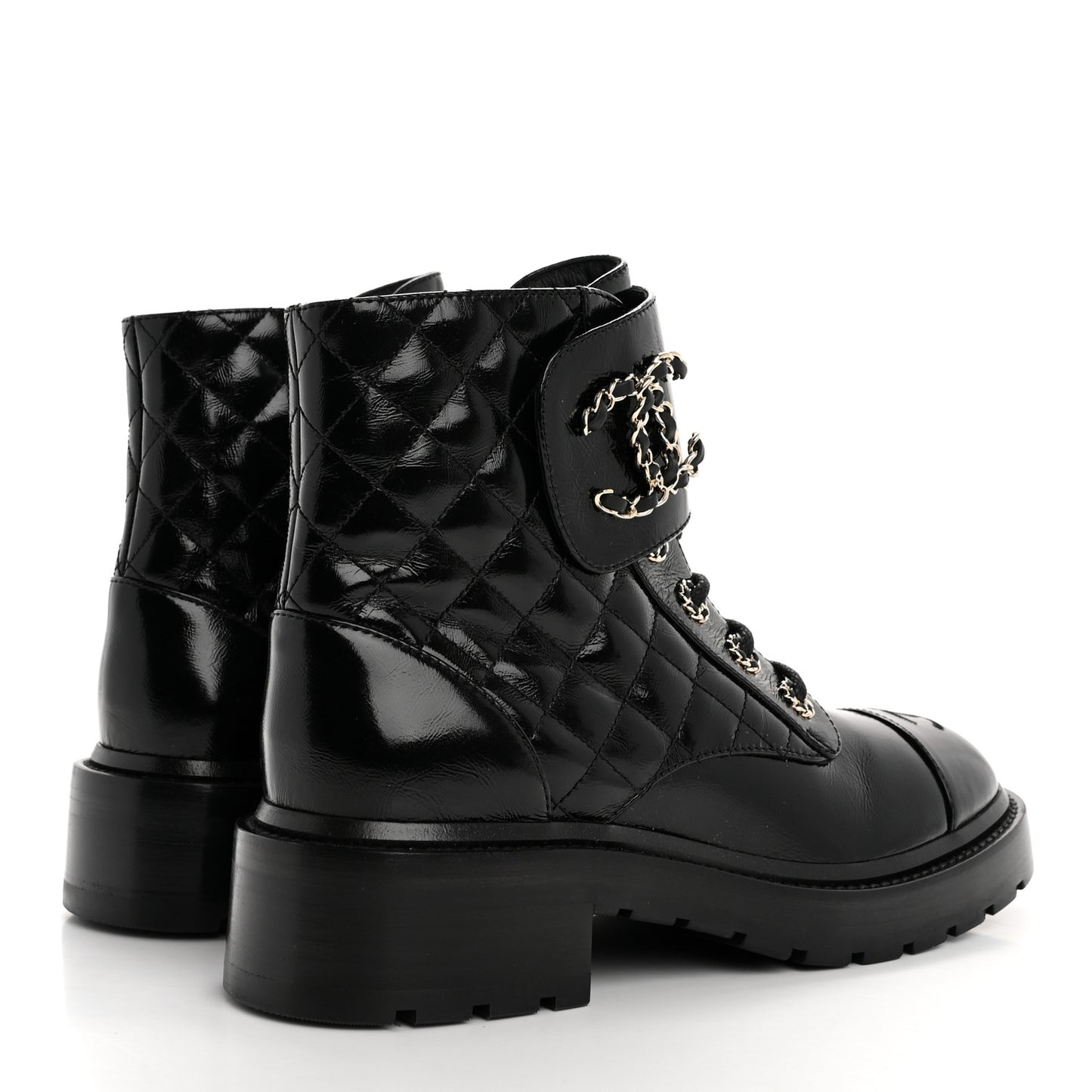 Shiny Calfskin Quilted Lace Up Combat Boots 38 Black