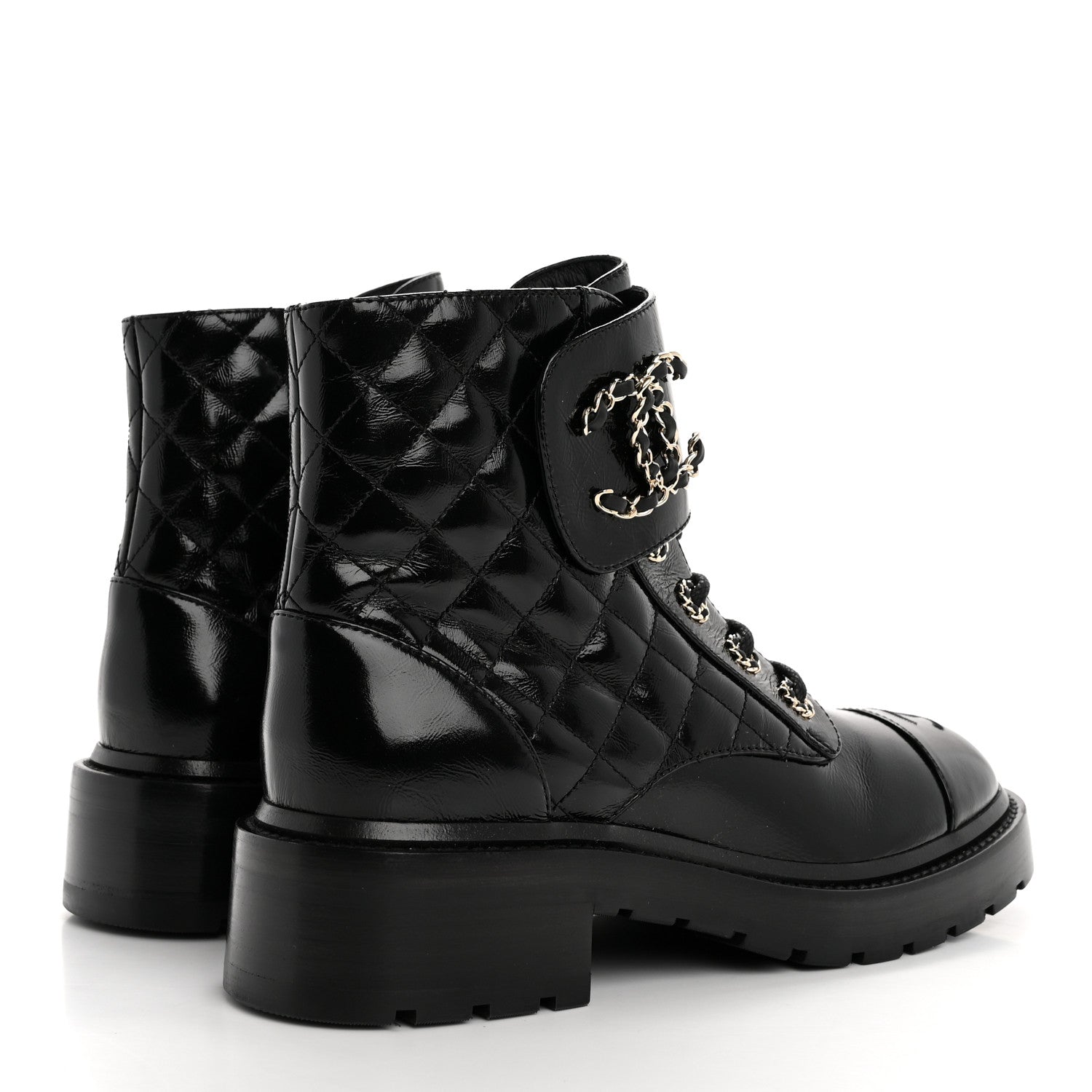 Chanel Shiny Calfskin Quilted Lace Up Combat Boots 38 Black 5 of 10
