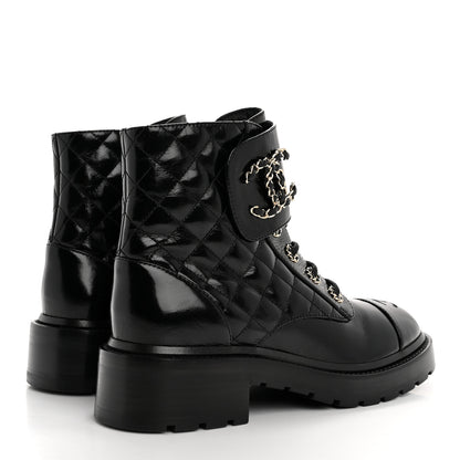 Chanel Shiny Calfskin Quilted Lace Up Combat Boots 38 Black 5 of 10