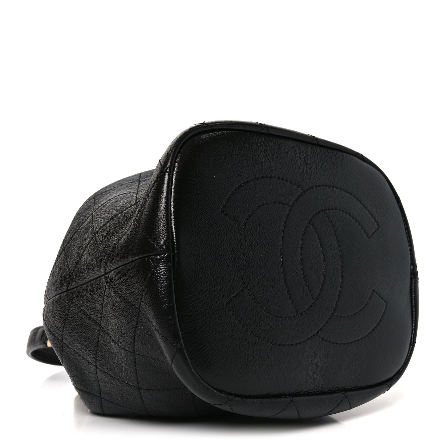 Shiny Lambskin Quilted Fashion Therapy Bucket Drawstring Bag Black
