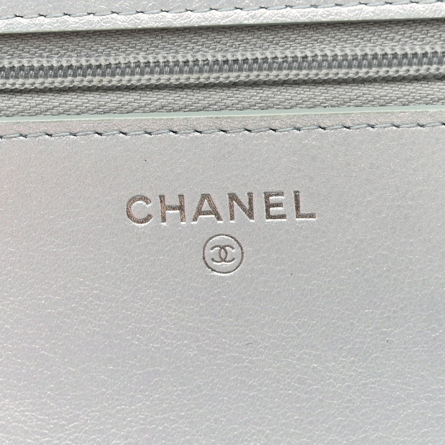 Iridescent Calfskin Quilted Wallet On Chain WOC Light Blue