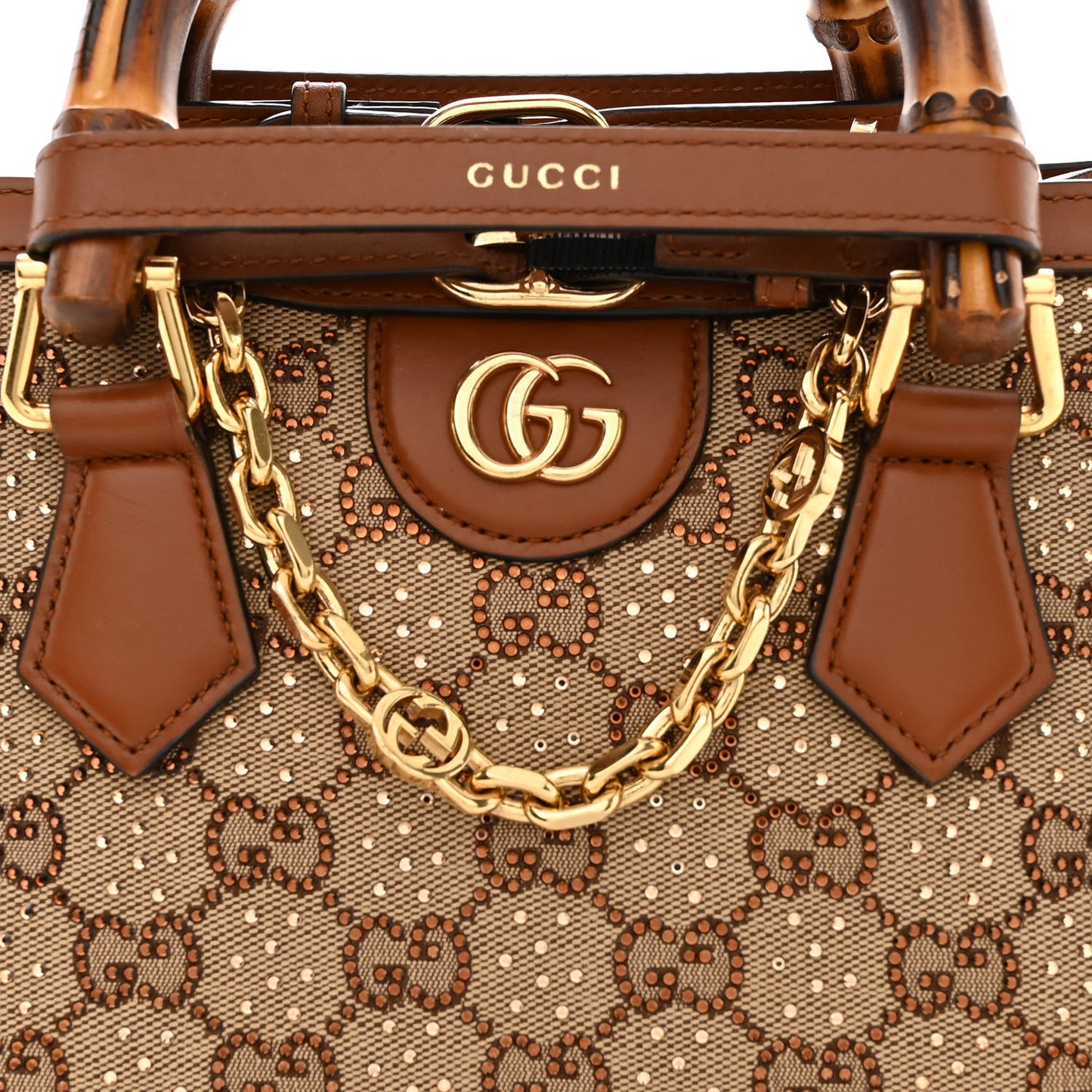 New Canvas Charisma Calfskin Crystal GG Monogram Mini Diana Tote Bag Camel Ebony