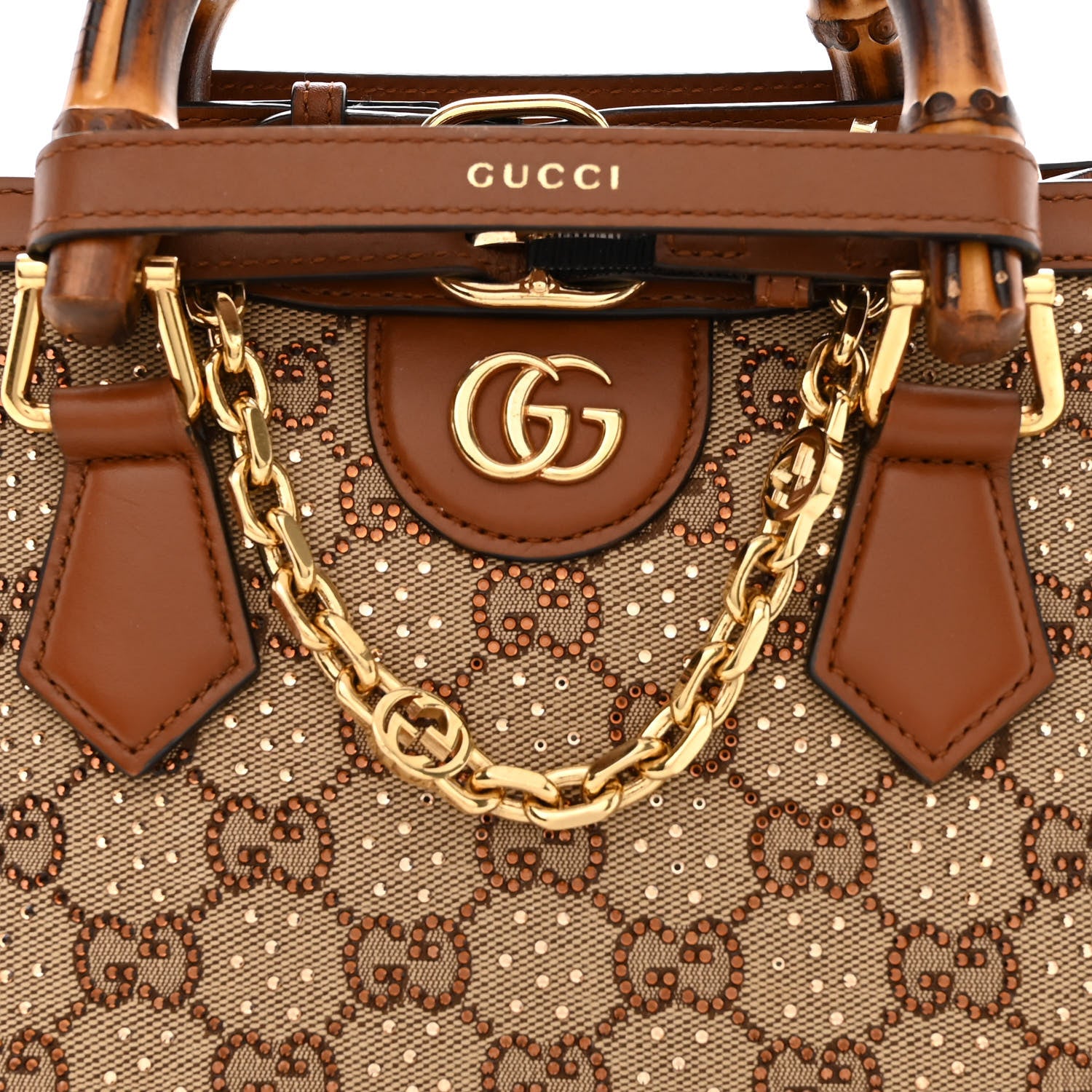 Gucci New Canvas Charisma Calfskin Crystal GG Monogram Mini Diana Tote Bag Camel Ebony 9 of 11