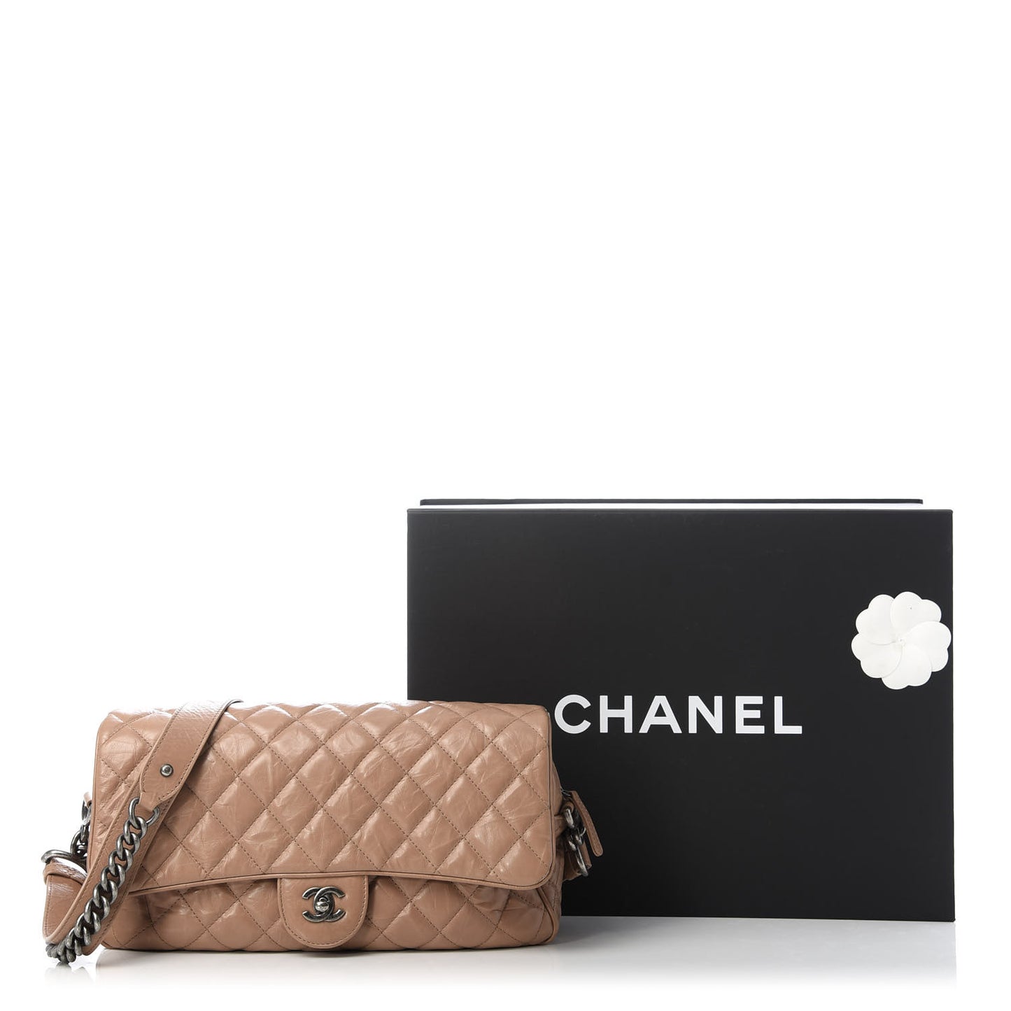 Aged Calfskin Quilted Medium Chain Detail Flap Light Brown