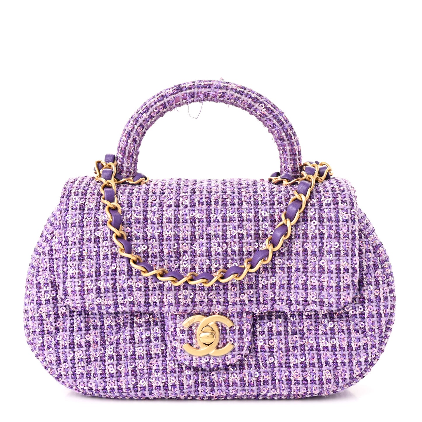 Tweed Sequin Quilted Baywatch Top Handle Flap Purple