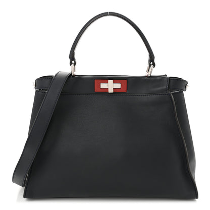 Fendi Vitello Seta Shiny Nappa Medium Peekaboo Iconic Satchel Blue Notte Ardesia 1 of 11