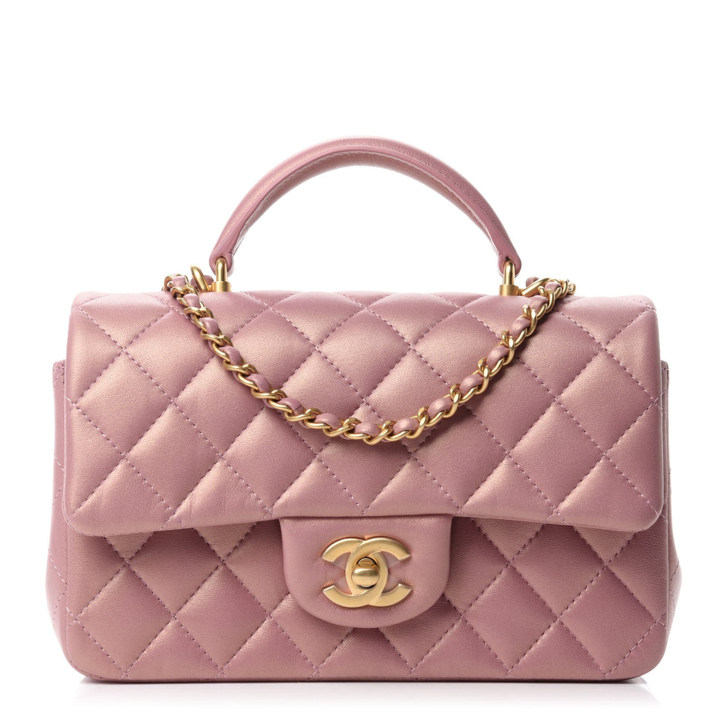 Iridescent Lambskin Quilted Mini Top Handle Rectangular Flap Pink