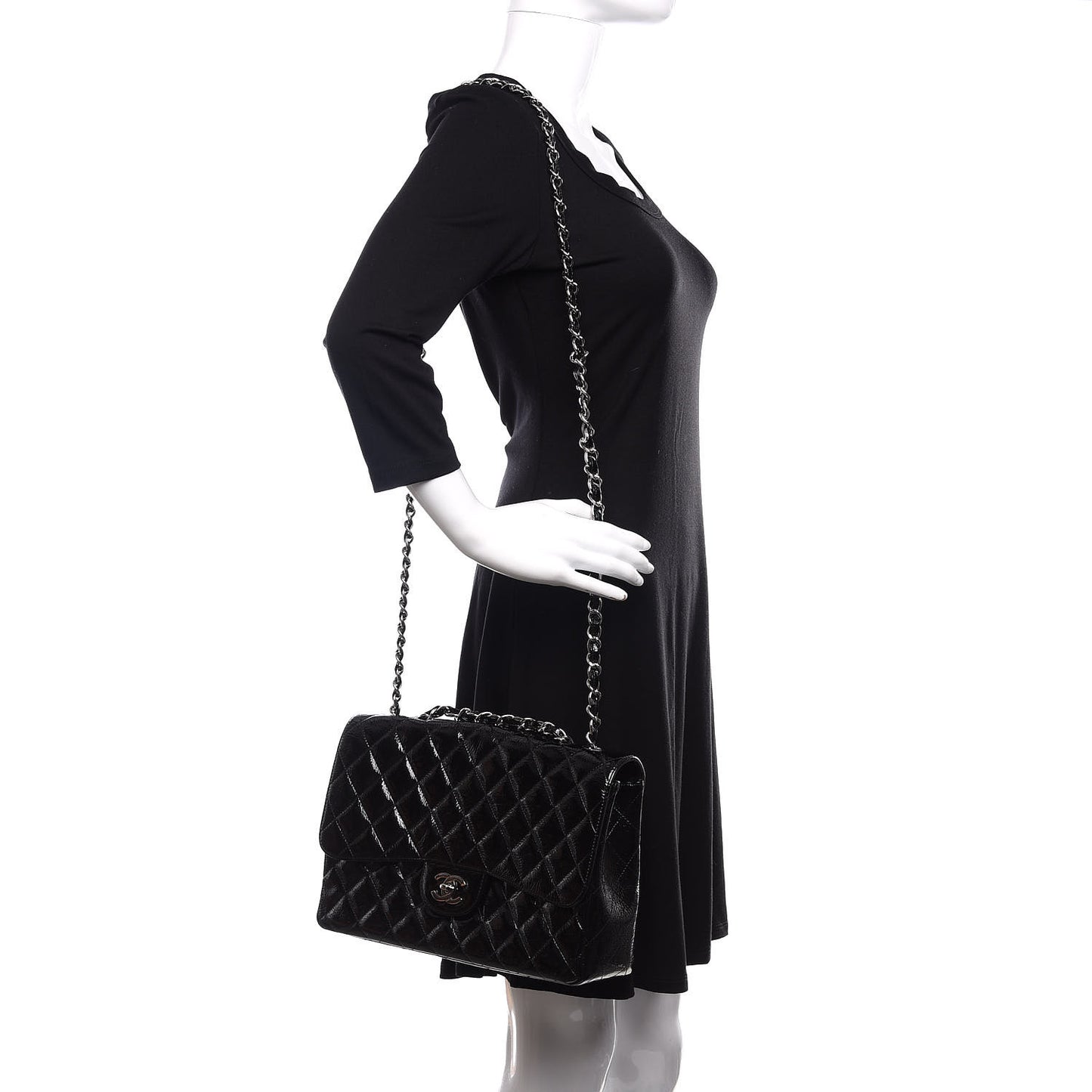 Distressed Patent Quilted Jumbo Single Flap Black