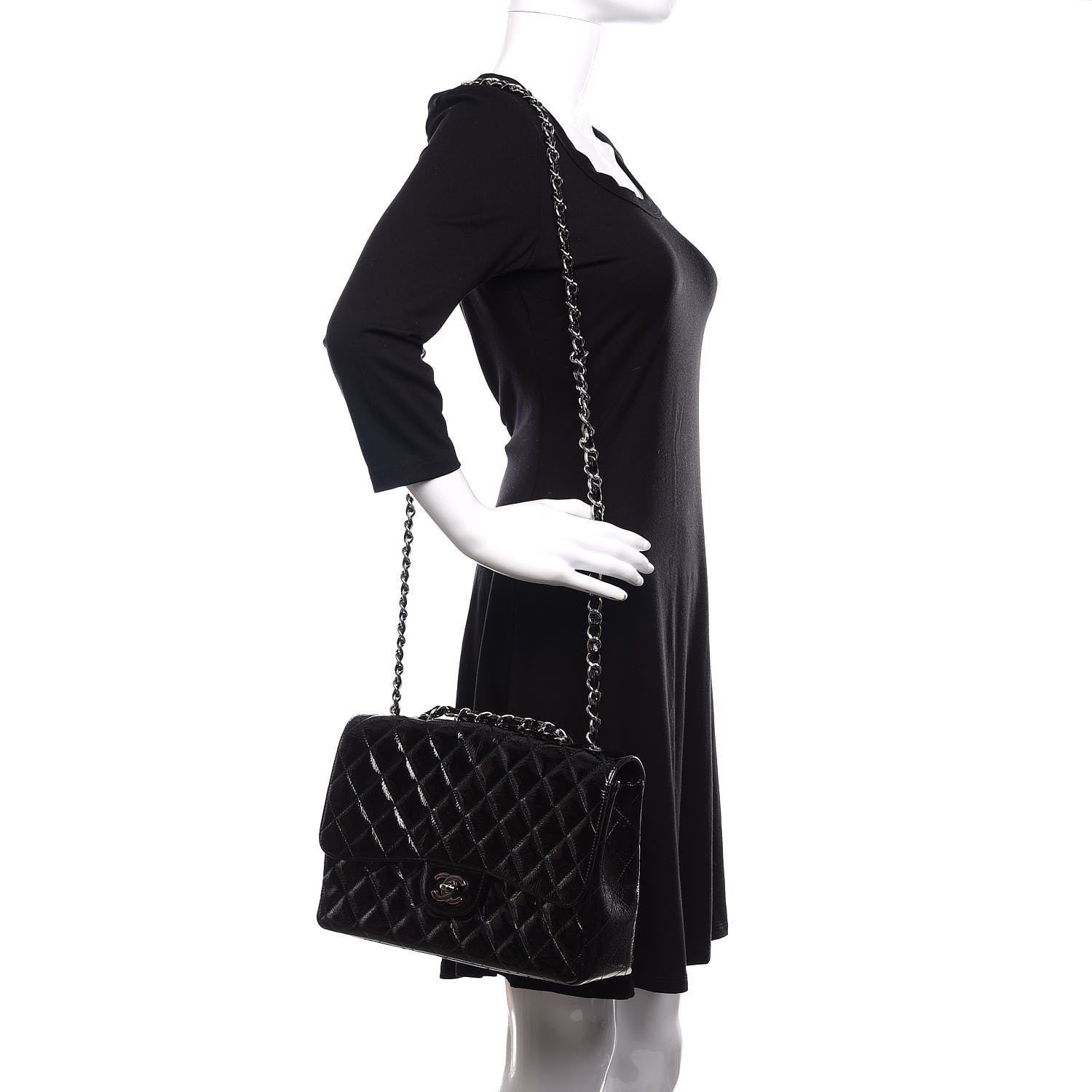 Chanel Distressed Patent Quilted Jumbo Single Flap Black 2 of 12