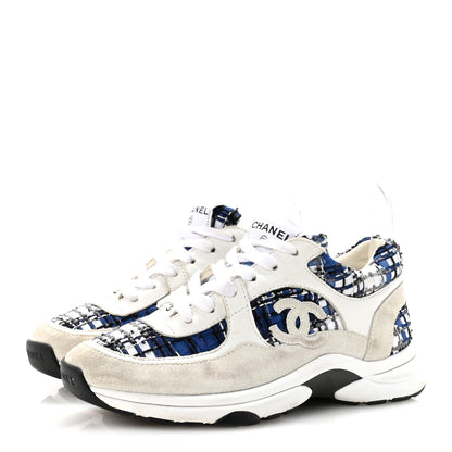 Chanel Tweed Suede Calfskin Womens CC Sneakers 36.5 Dark Blue Black Grey White 4 of 10