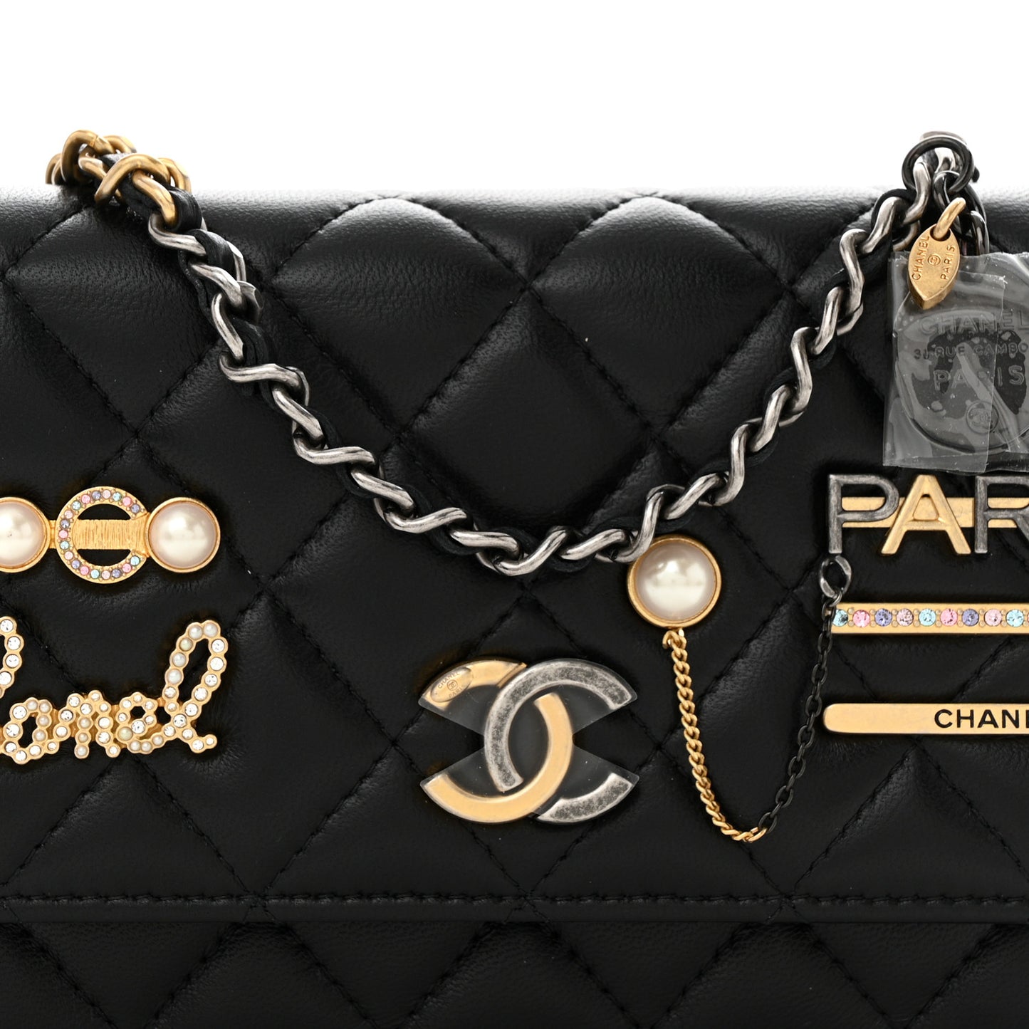 Lambskin Quilted Coco Clips Mini Wallet On Chain WOC Black