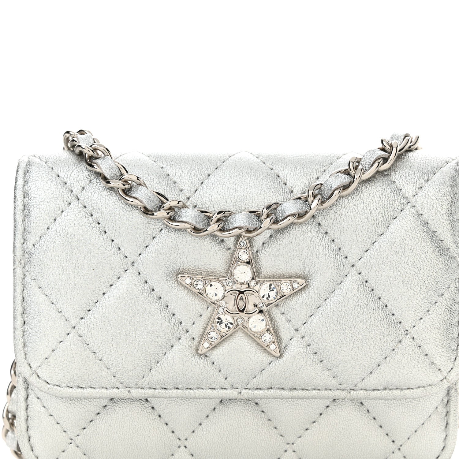 Chanel Metallic Lambskin Crystal Quilted Star Chain Belt Bag Silver 10 of 12