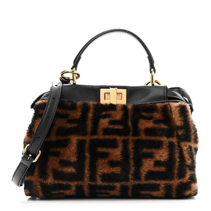 Fendi Shearling Nappa Macro FF 1974 Mini Peekaboo Iconic Satchel Tobacco Black 1 of 15