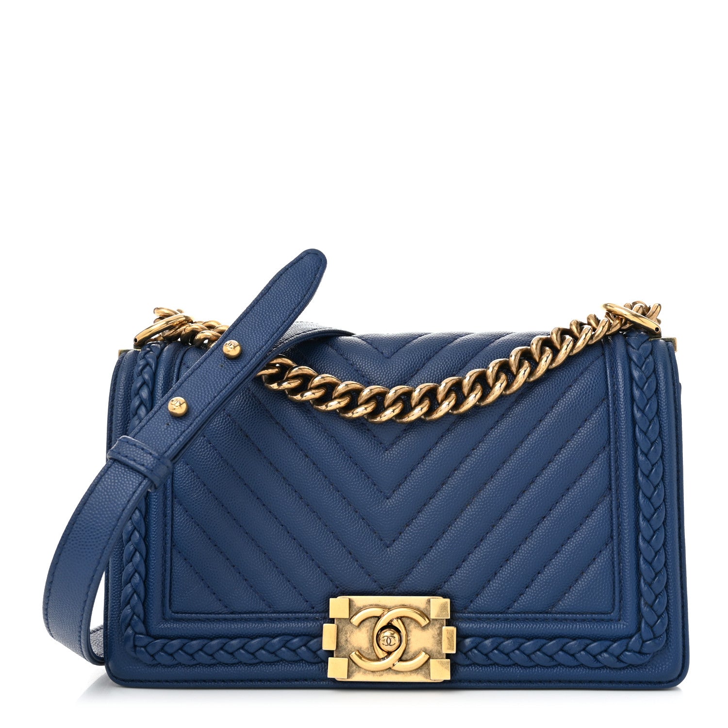 Chanel Caviar Chevron Quilted Braided Medium Boy Flap Blue 1 of 11