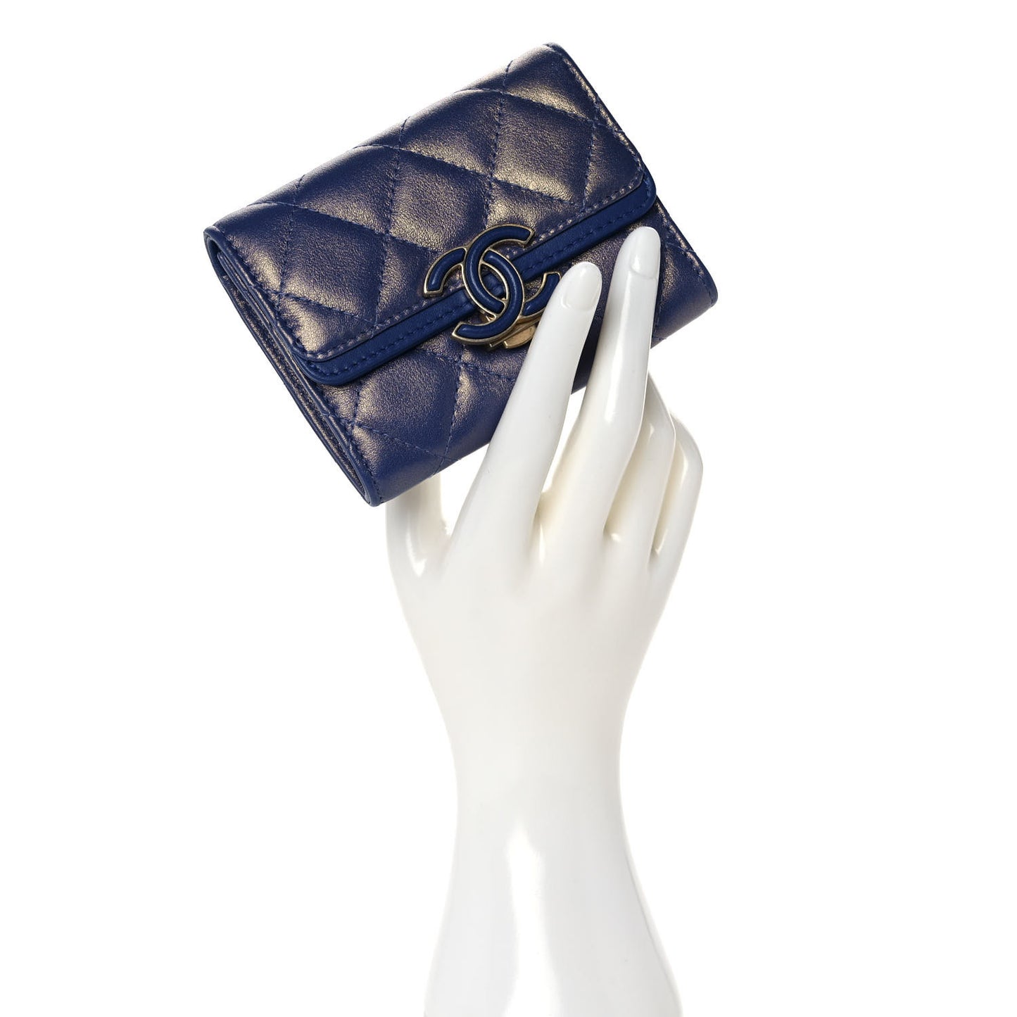 Metallic Calfskin Quilted CC Chic Flap Card Holder Blue