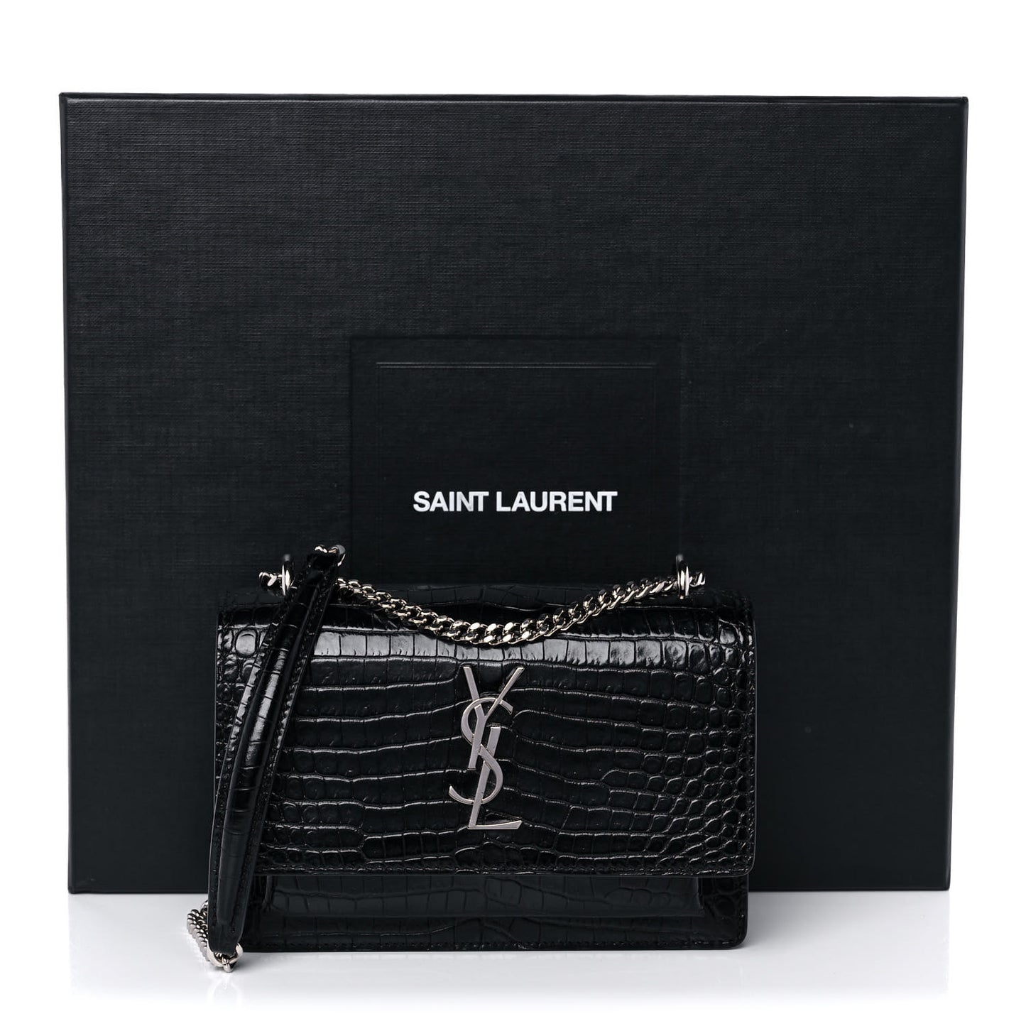 Calfskin Crocodile Embossed Monogram Sunset Chain Wallet Black