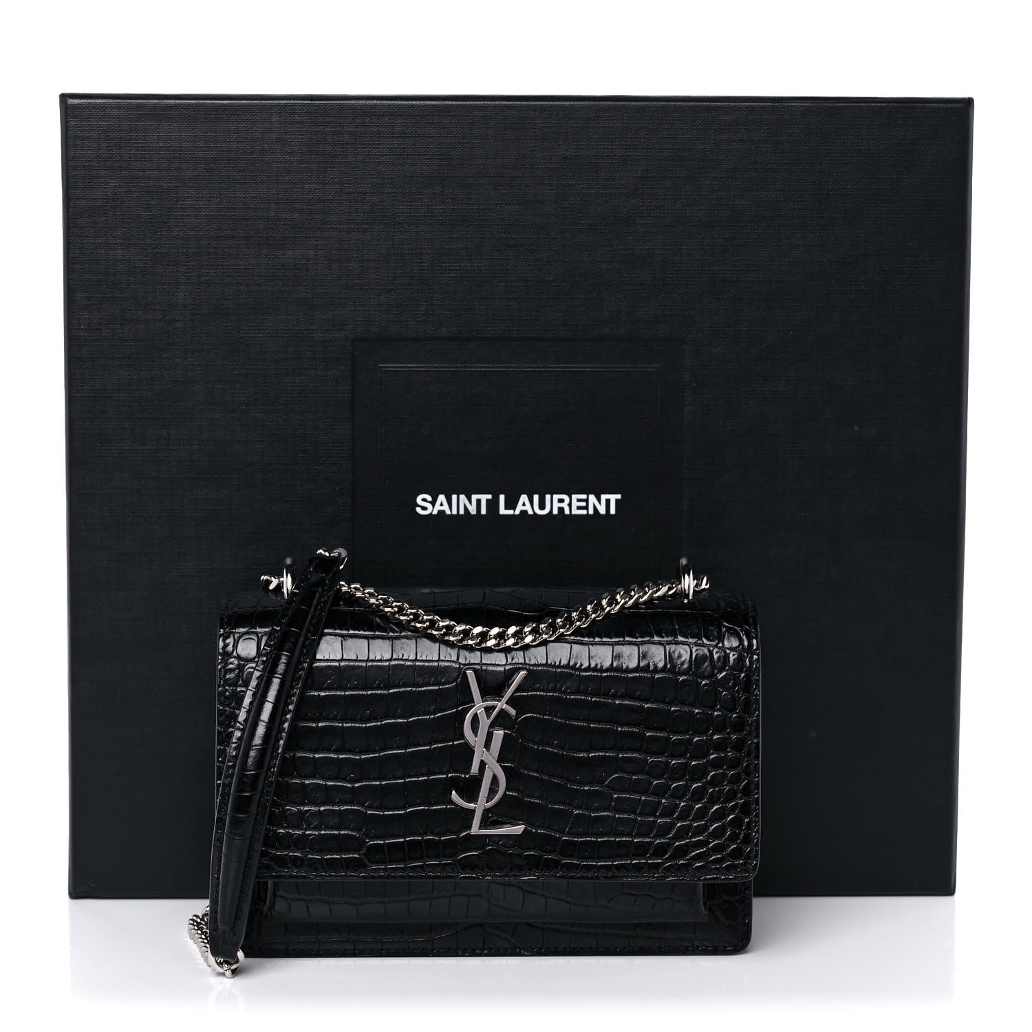 Saint Laurent Calfskin Crocodile Embossed Monogram Sunset Chain Wallet Black 15 of 15