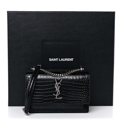 Saint Laurent Calfskin Crocodile Embossed Monogram Sunset Chain Wallet Black 15 of 15