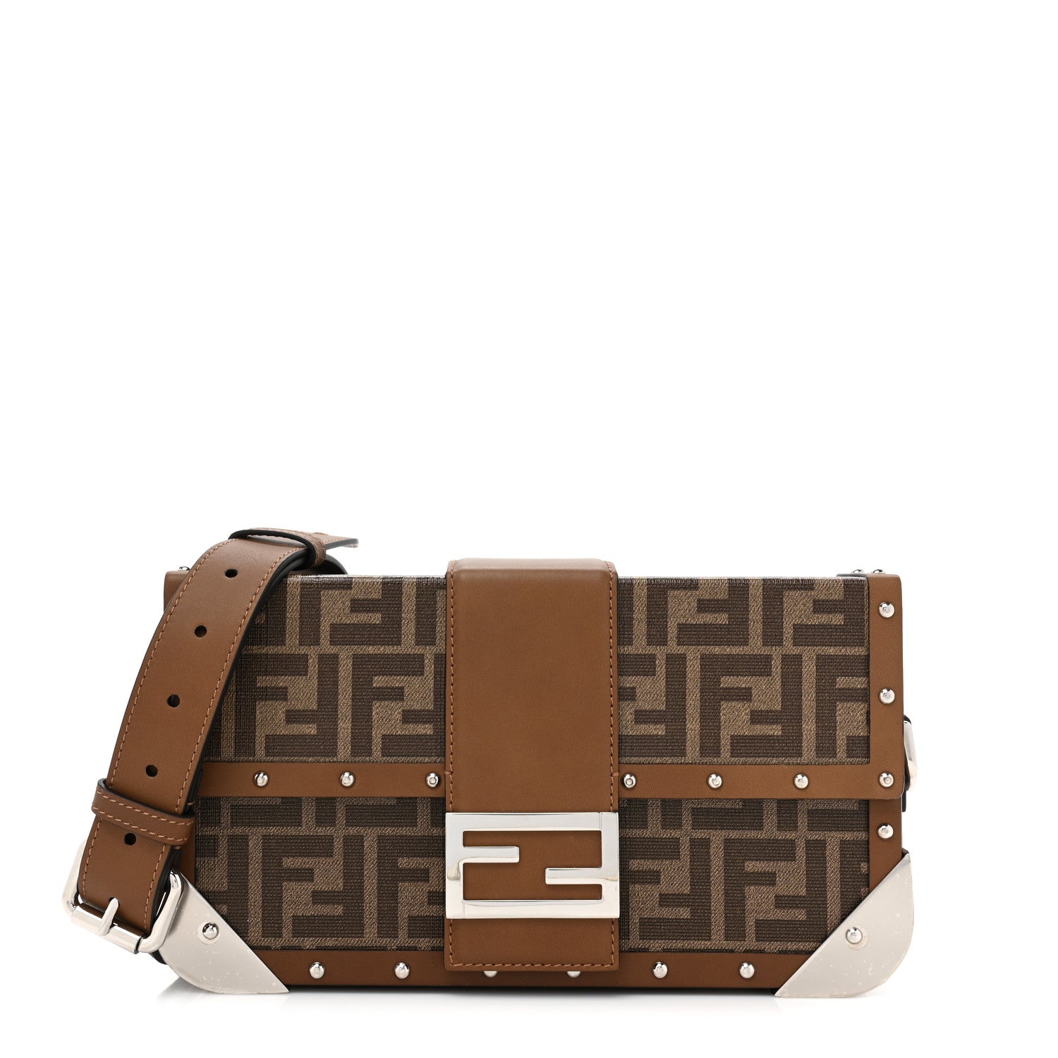 Fendi Shiny Glazed Fabric Vachetta FF 1974 Medium Baguette Trunk Mogano Panna Cuoio 1 of 9