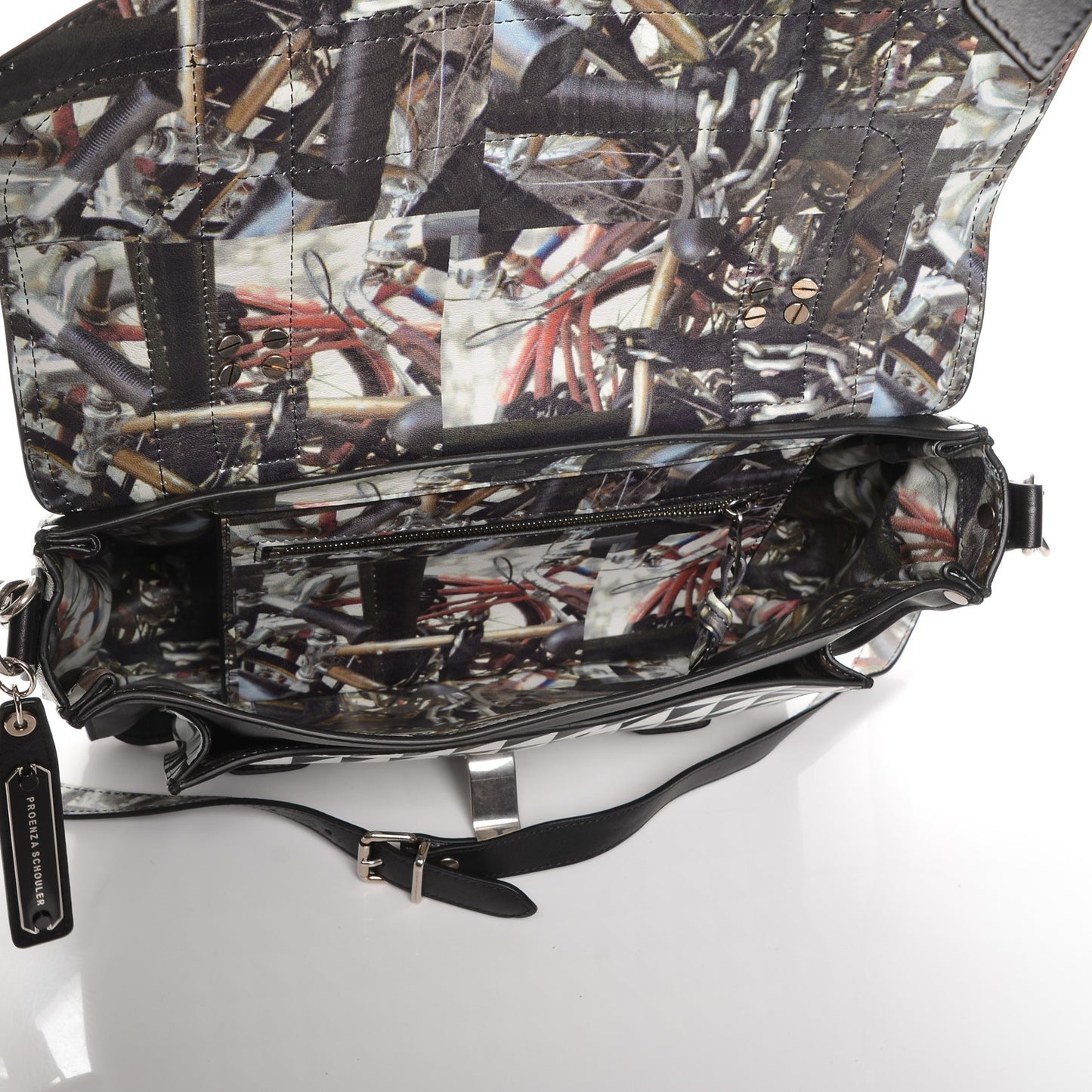 Calfskin Triangle Print Medium PS1 Satchel Black White