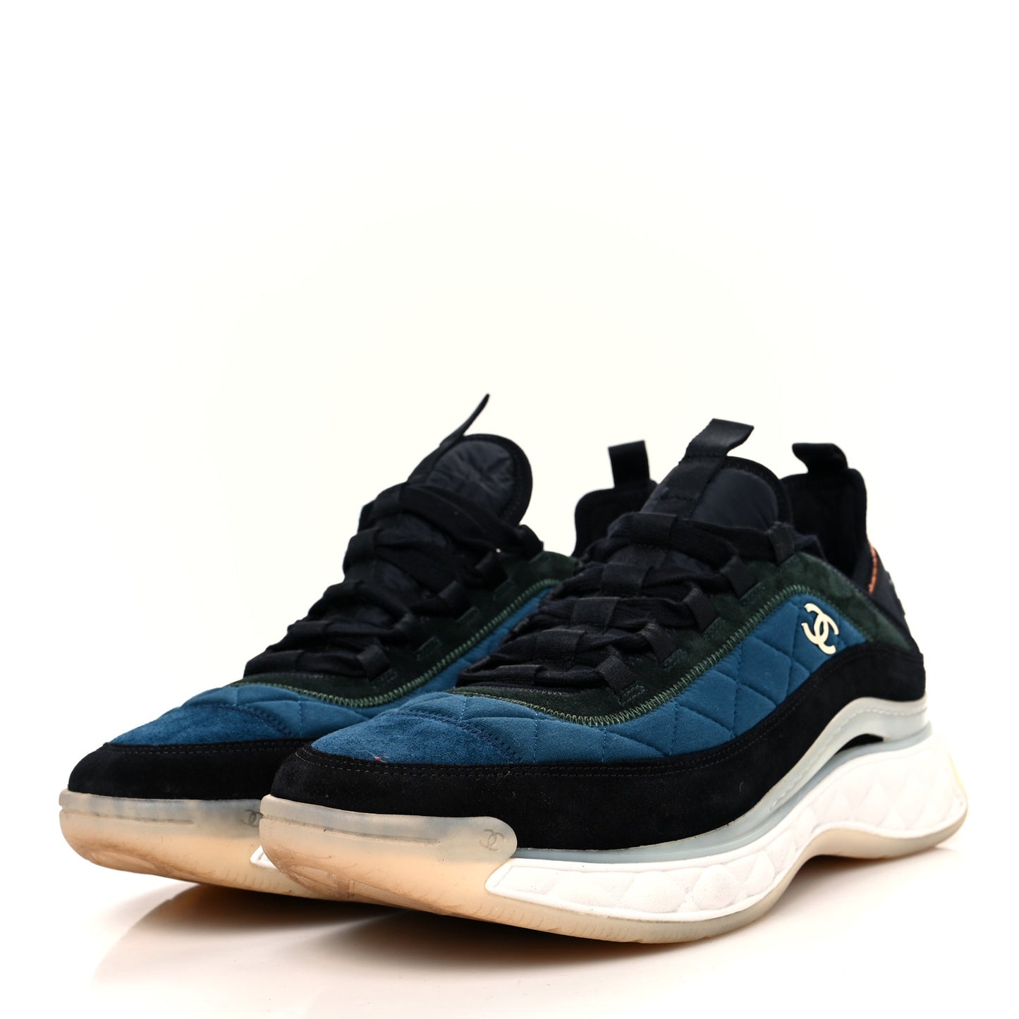 Velvet Calfskin Mixed Fibers Mens CC Sneakers 44 Blue Green