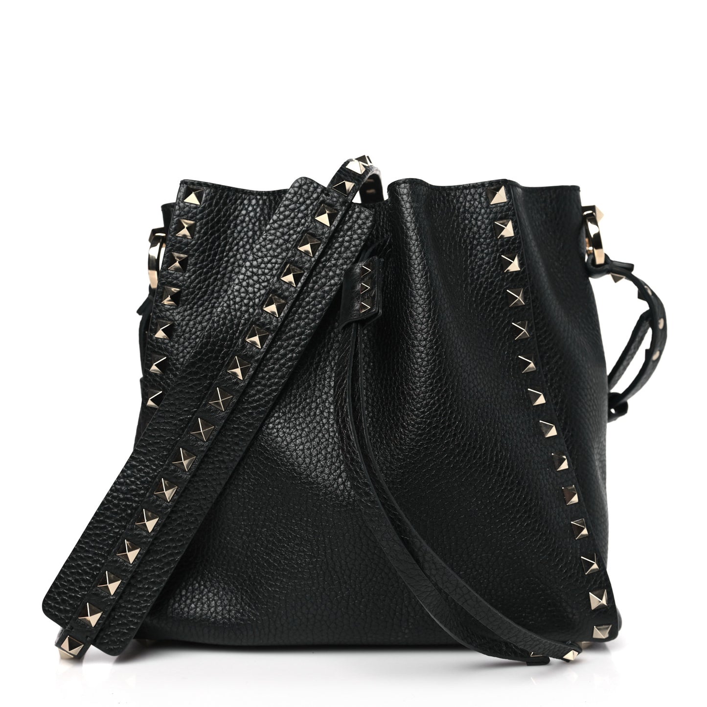 Grained Calfskin Rockstud Bucket Bag Black
